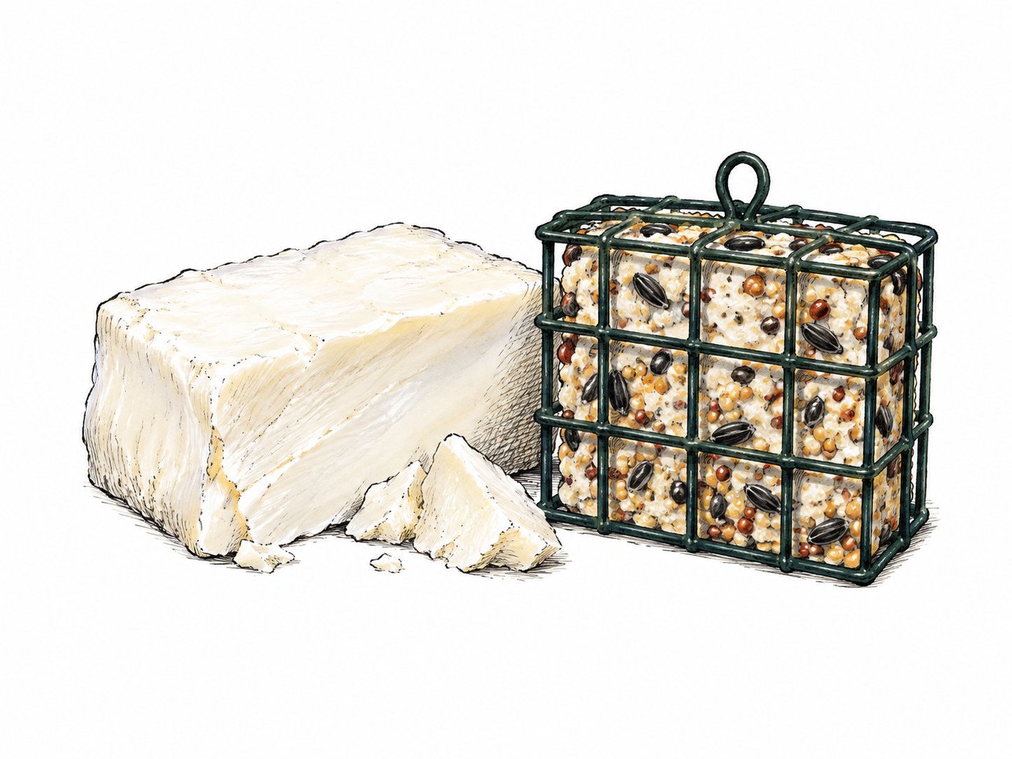 A plain block of hard white animal suet beside a small seed-filled suet feeder cake, cut edge makes solid fat clear.