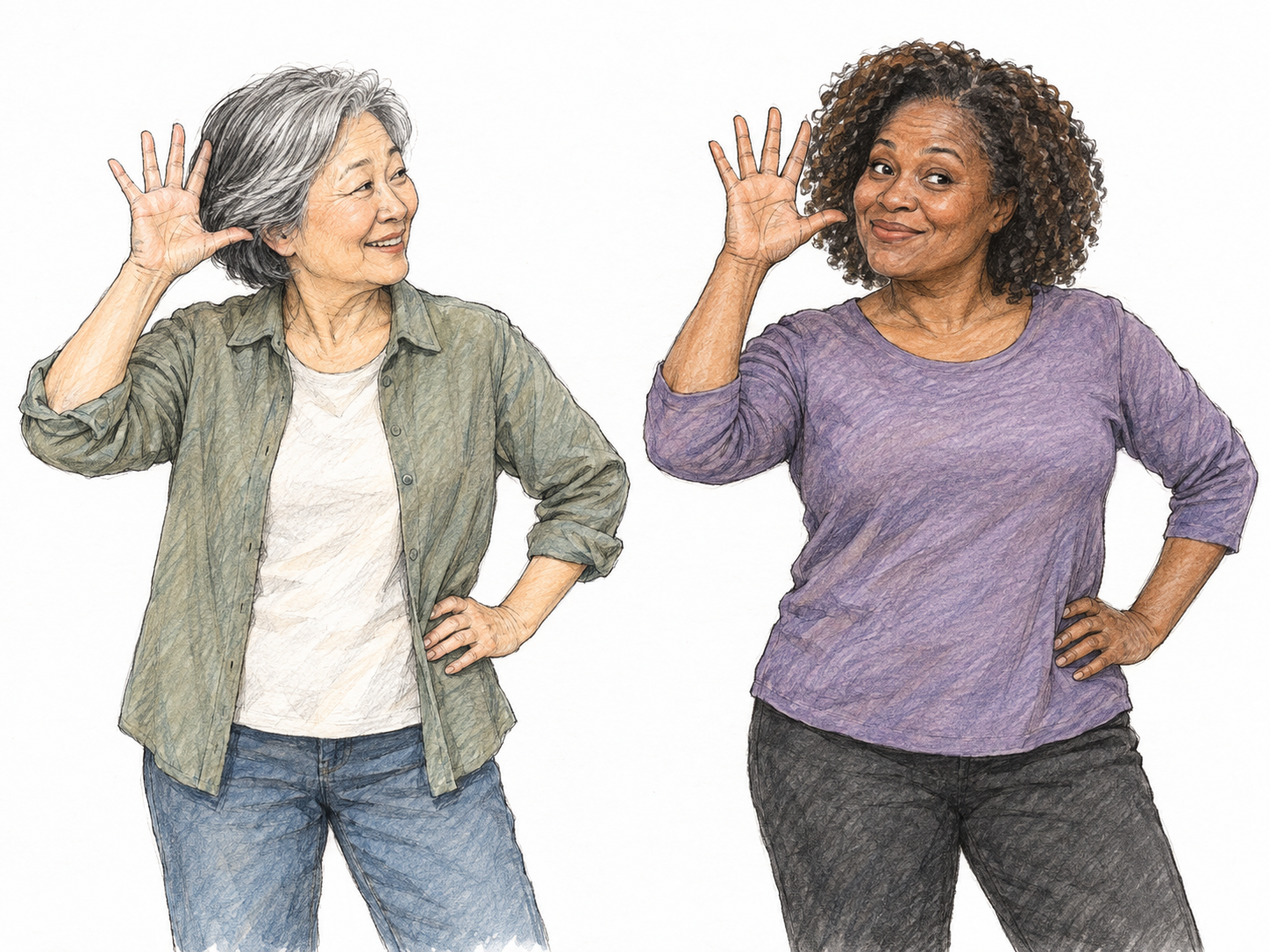 An older woman deliberately copies the playful pose of a woman beside her, watching her model closely while matching one raised hand and the other hand on her hip.