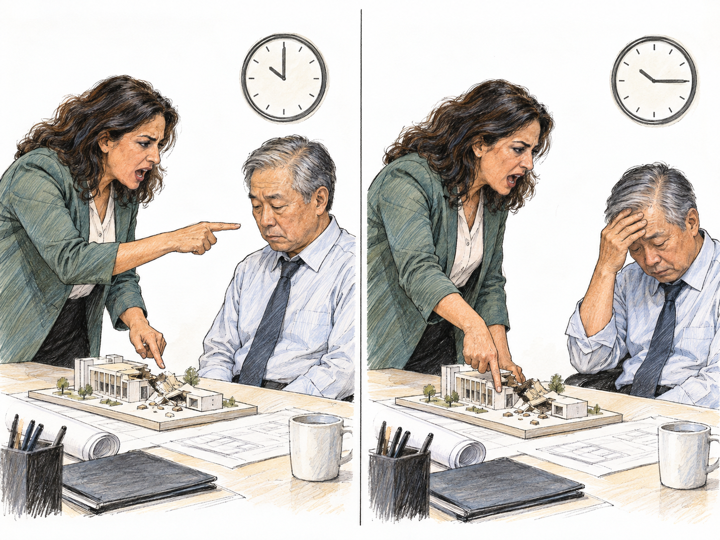 Two sequential panels show the same woman continuing a one-sided angry scolding of a man across a worktable.