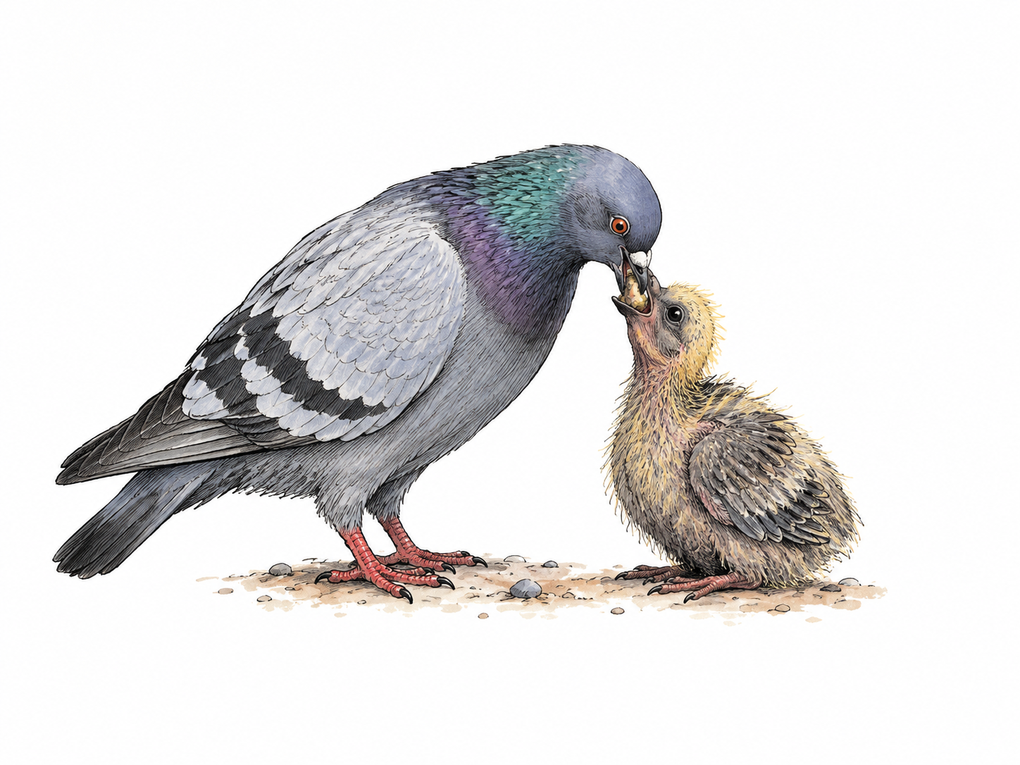 Adult pigeon bends to feed one chick beak-to-beak with a tiny softened food morsel, natural non-graphic crop feeding.
