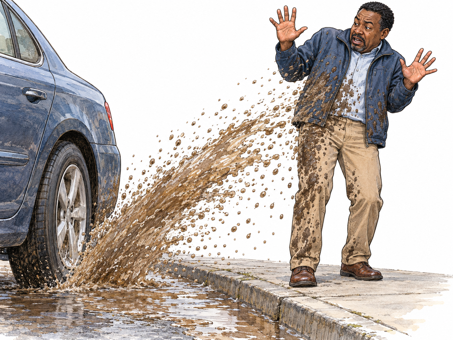 An unexpected mishap befalls a pedestrian: a passing car sends a broad splash of muddy puddle water directly onto his clothes, and he recoils in startled dismay.