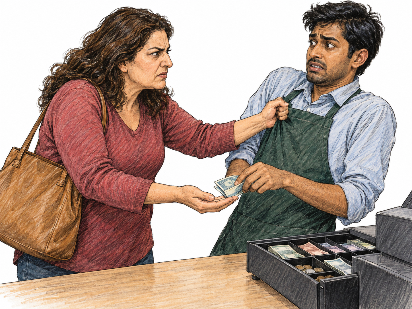 A threatening woman grips a shopkeeper’s apron and raises a clenched fist while he reluctantly places cash into her open palm, visibly connecting intimidation with obtaining money.