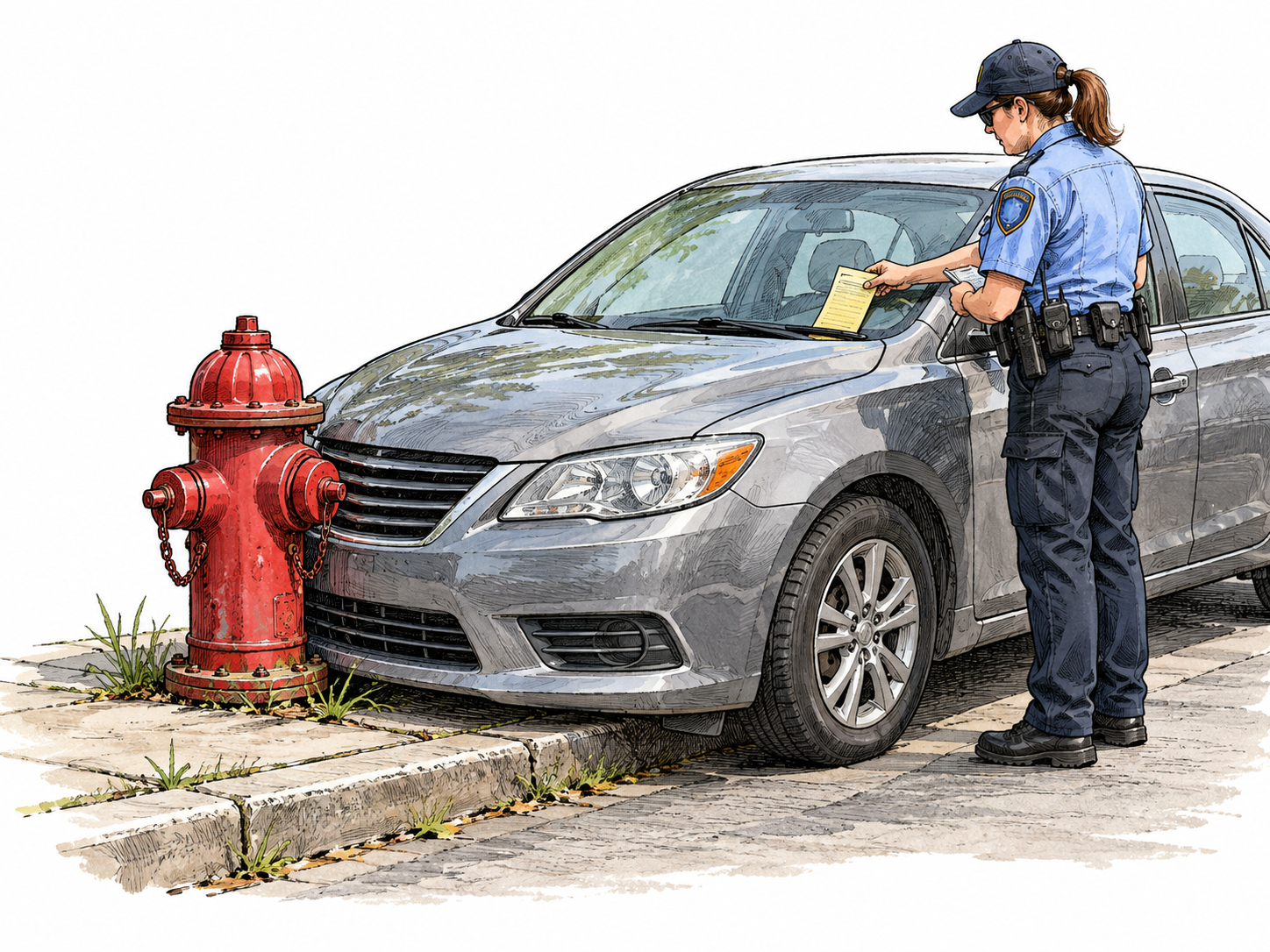A car parked directly in front of a fire hydrant receives a ticket.