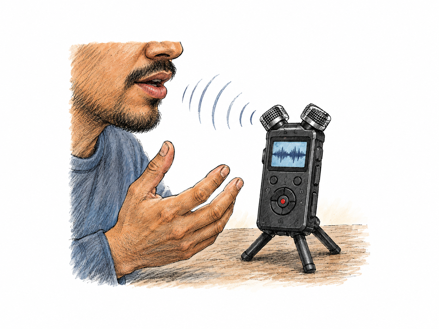 Compact digital audio recorder with twin microphones and waveform on small screen beside a speaking person's hand gesture; device capturing sound, not musical flute; no brands or written labels.