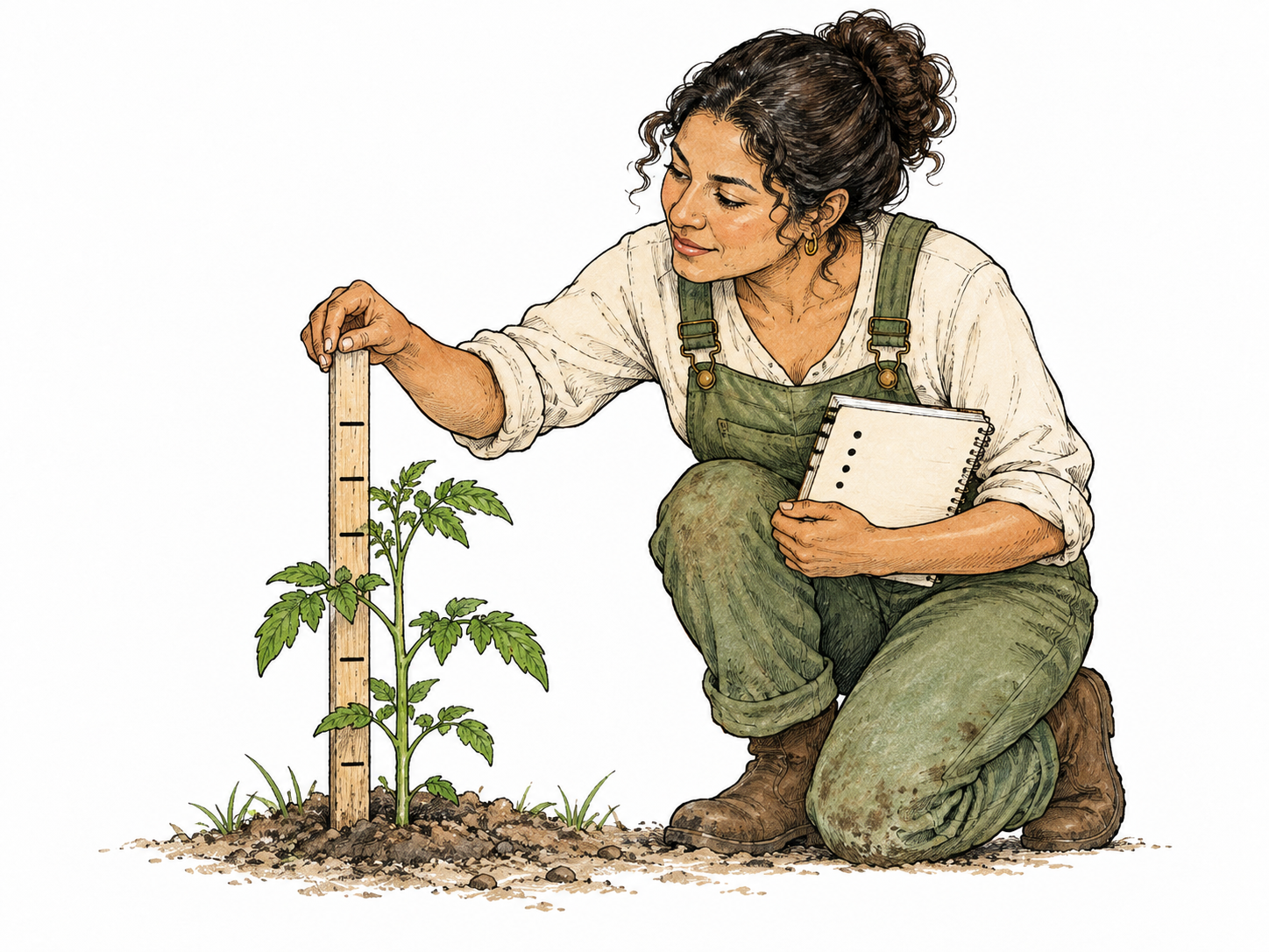 Adult checks growth of same small plant against a plain marked stake, notebook with only simple dots, attentive repeated tracking context.