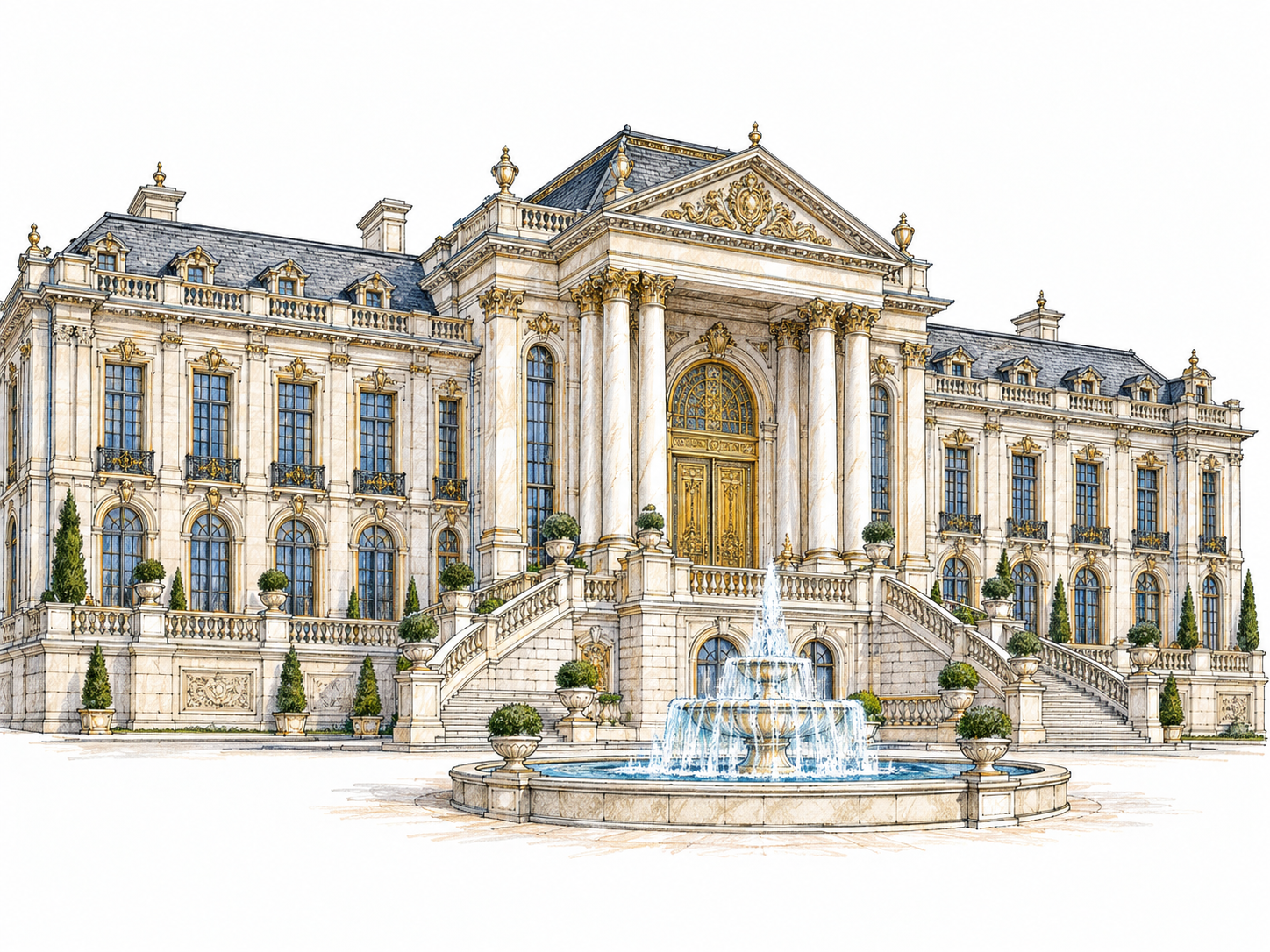 An immense, lavish residence with a sweeping double staircase, tall marble columns, gilded entrance doors, and broad formal terraces: palace-like scale and luxury visible without people.