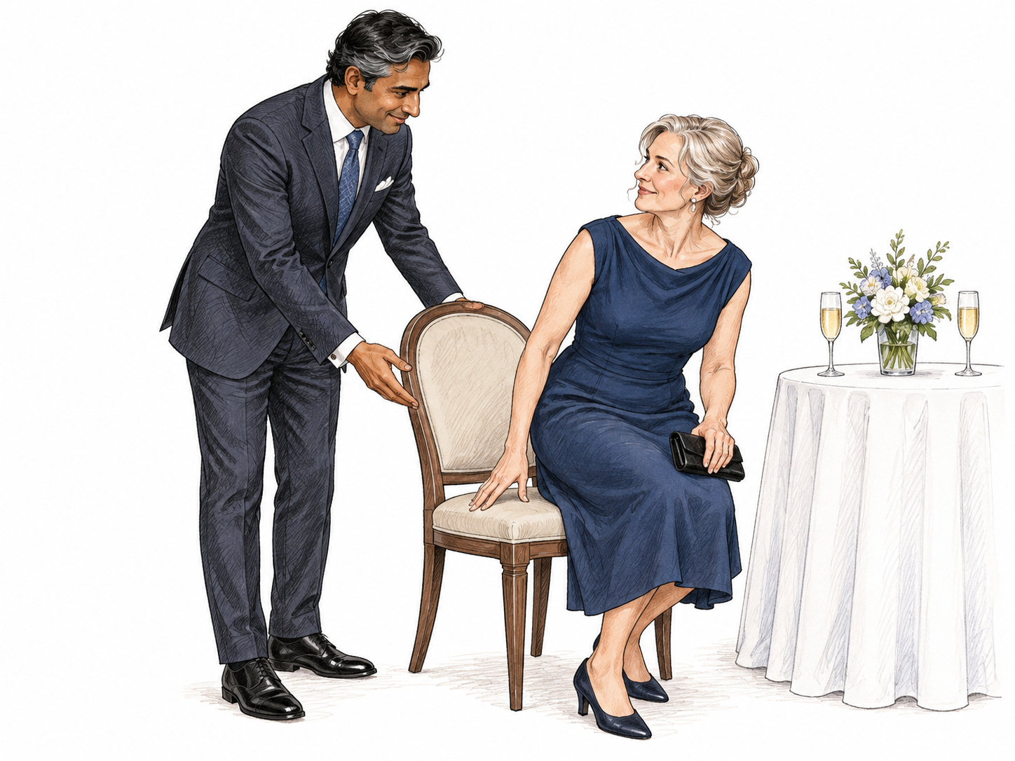 A polished adult courteously helps another guest settle into a chair during a formal reception; attentive refined manners, no wealth-as-moral-worth message.