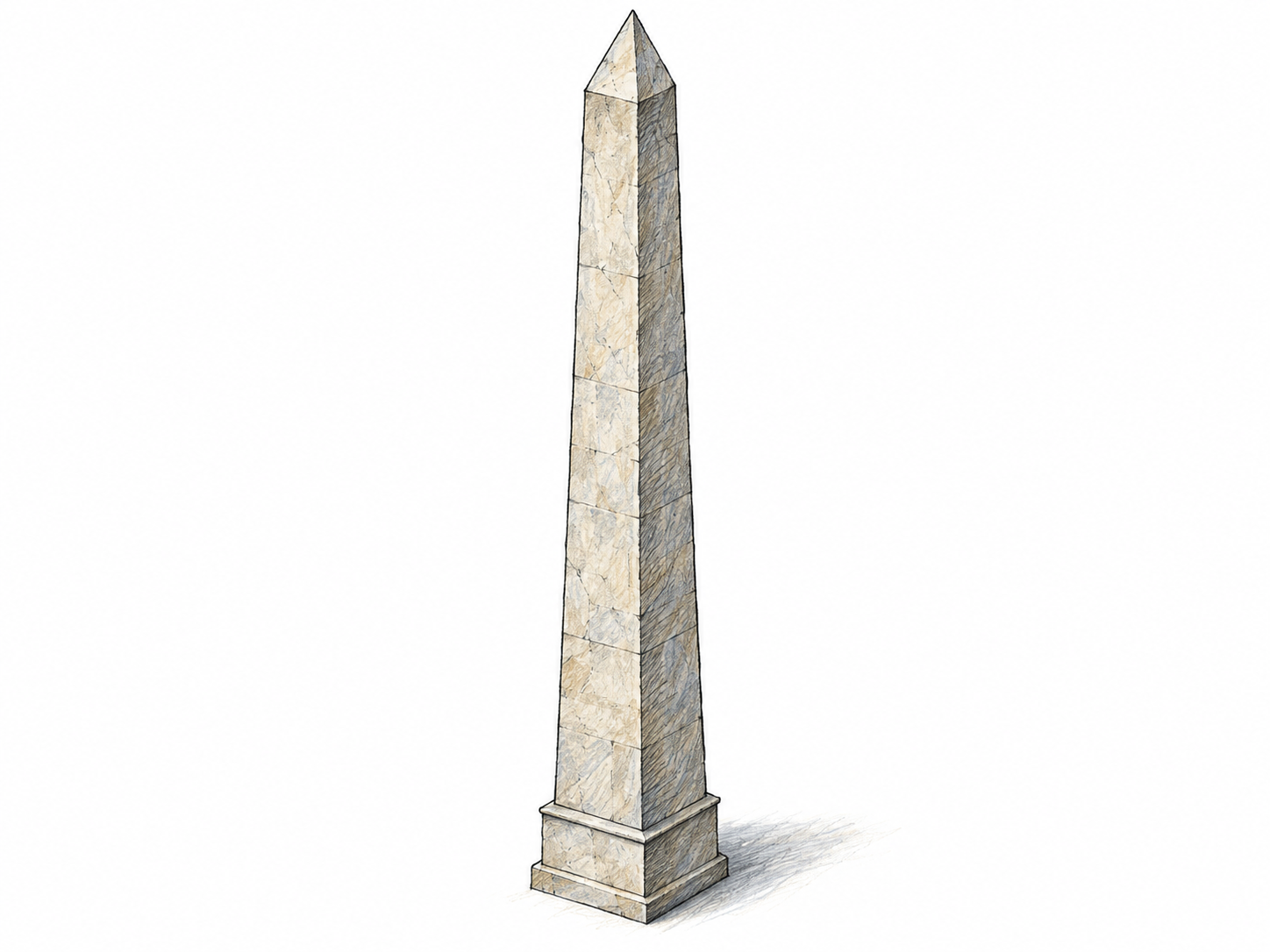 One freestanding stone obelisk, shown fully from its square base to its pyramidal tip in a three-quarter view that clearly reveals its tall, narrow, tapering shaft.