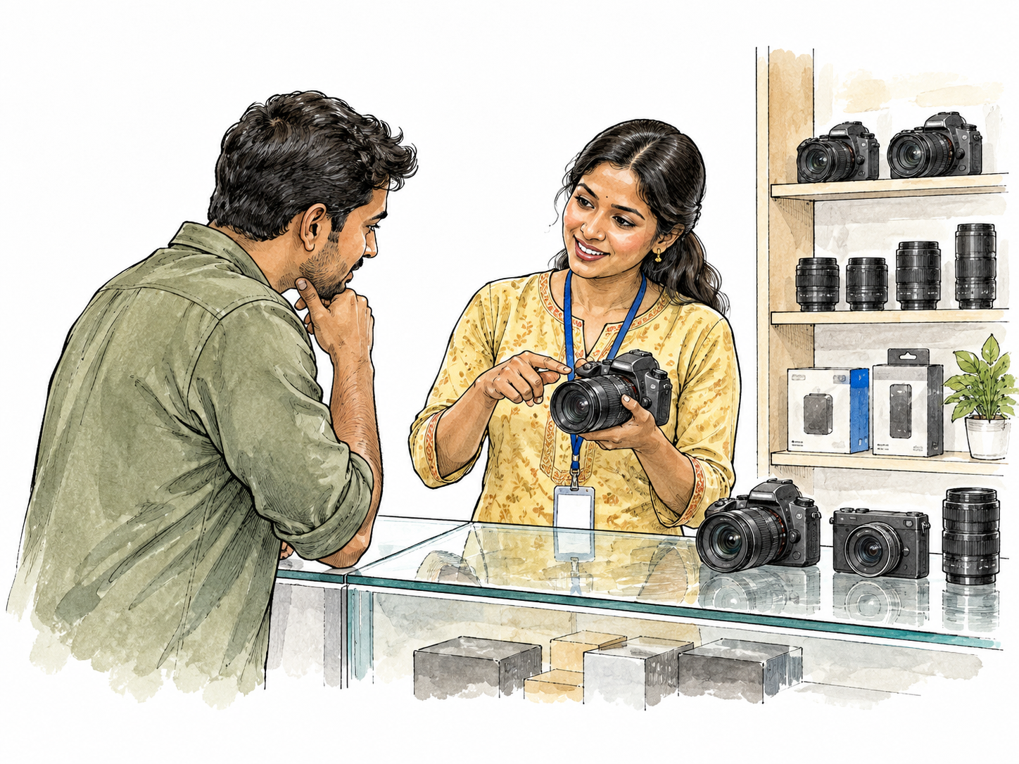 A South Asian saleswoman demonstrates a camera to a customer in a shop.