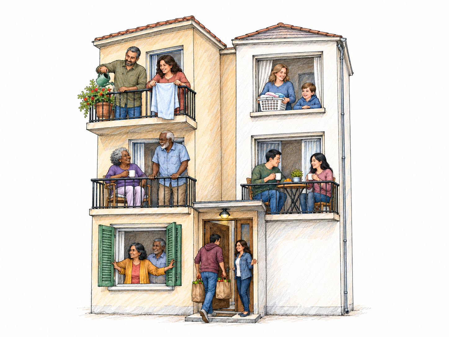 A compact, densely inhabited apartment neighborhood: many residents are visibly at home across closely stacked balconies and open windows, while neighbors occupy the shared entrance.