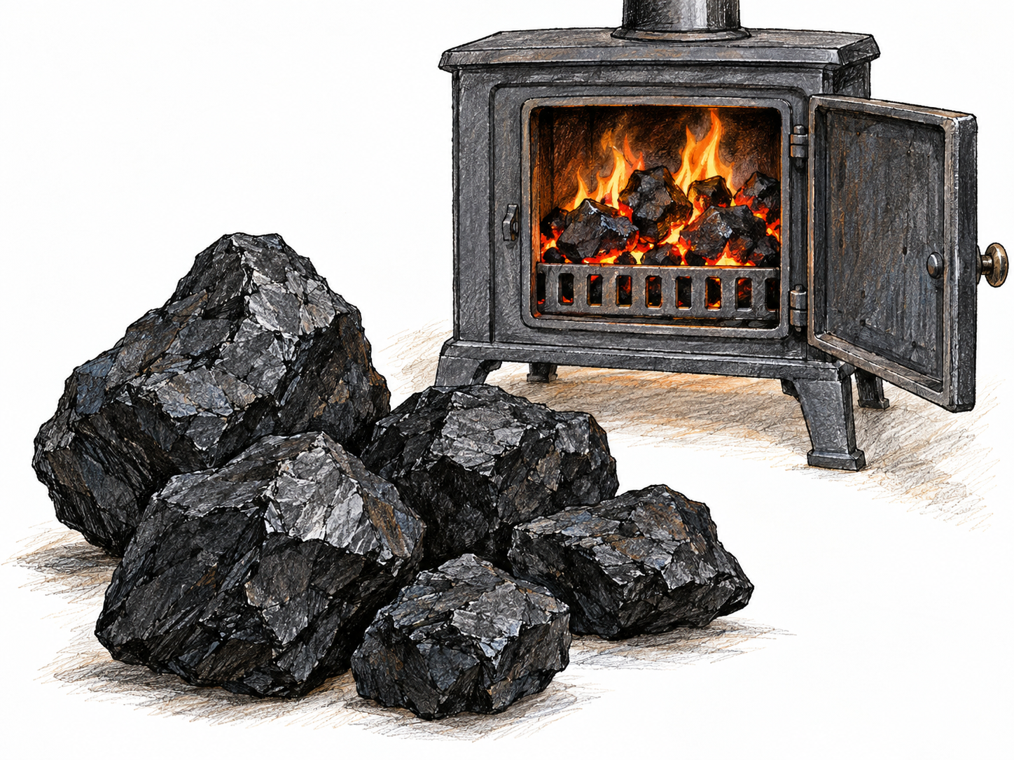 Several angular lumps of black coal beside a small open iron stove, with matching lumps glowing and burning on its grate.