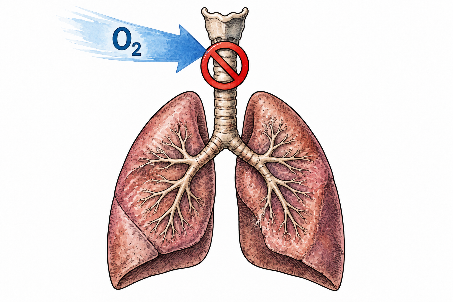 A medical educational diagram shows a pair of lungs with a blocked incoming O₂ arrow, absence of breathable air; no injured person.