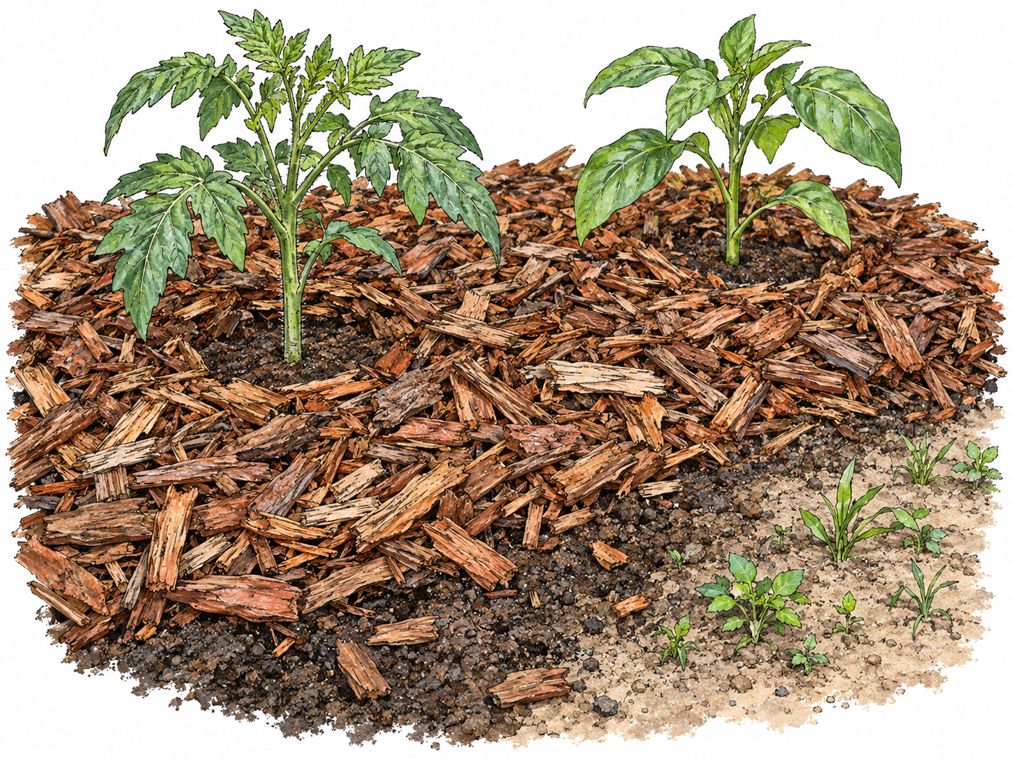 A close view of a garden bed shows a thick layer of shredded bark covering the soil around young plants, with a small exposed edge revealing dark, moist soil underneath.