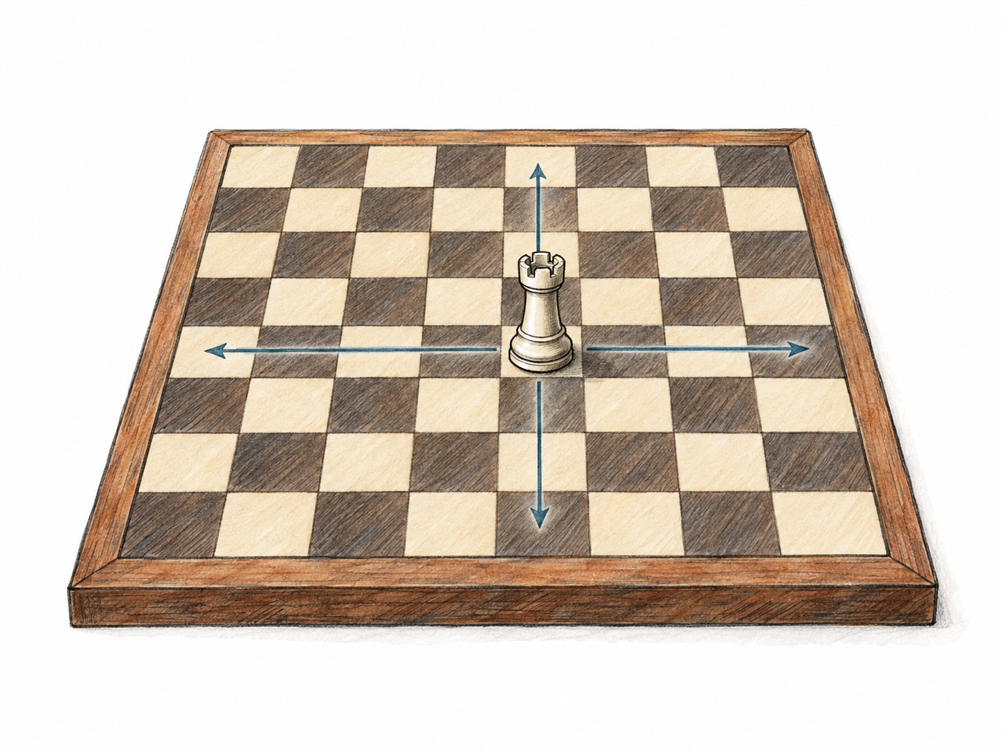 A single recognizable castle-topped rook on an otherwise empty chessboard, with subtle straight directional arrows along its rank and file showing its horizontal and vertical movement.