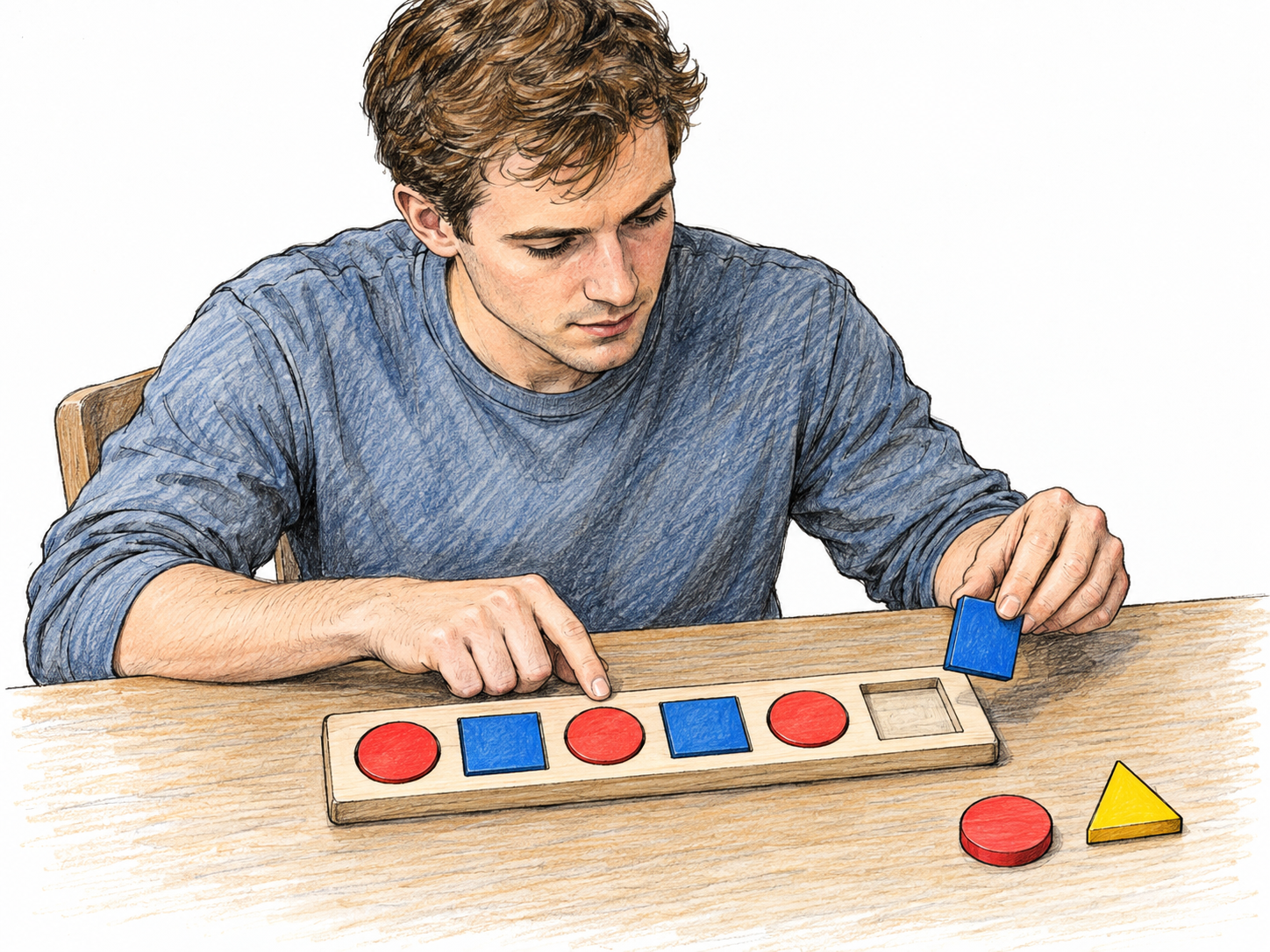 A young adult carefully solves a geometric pattern puzzle, comparing candidate tiles against the missing final position in a visible sequence.