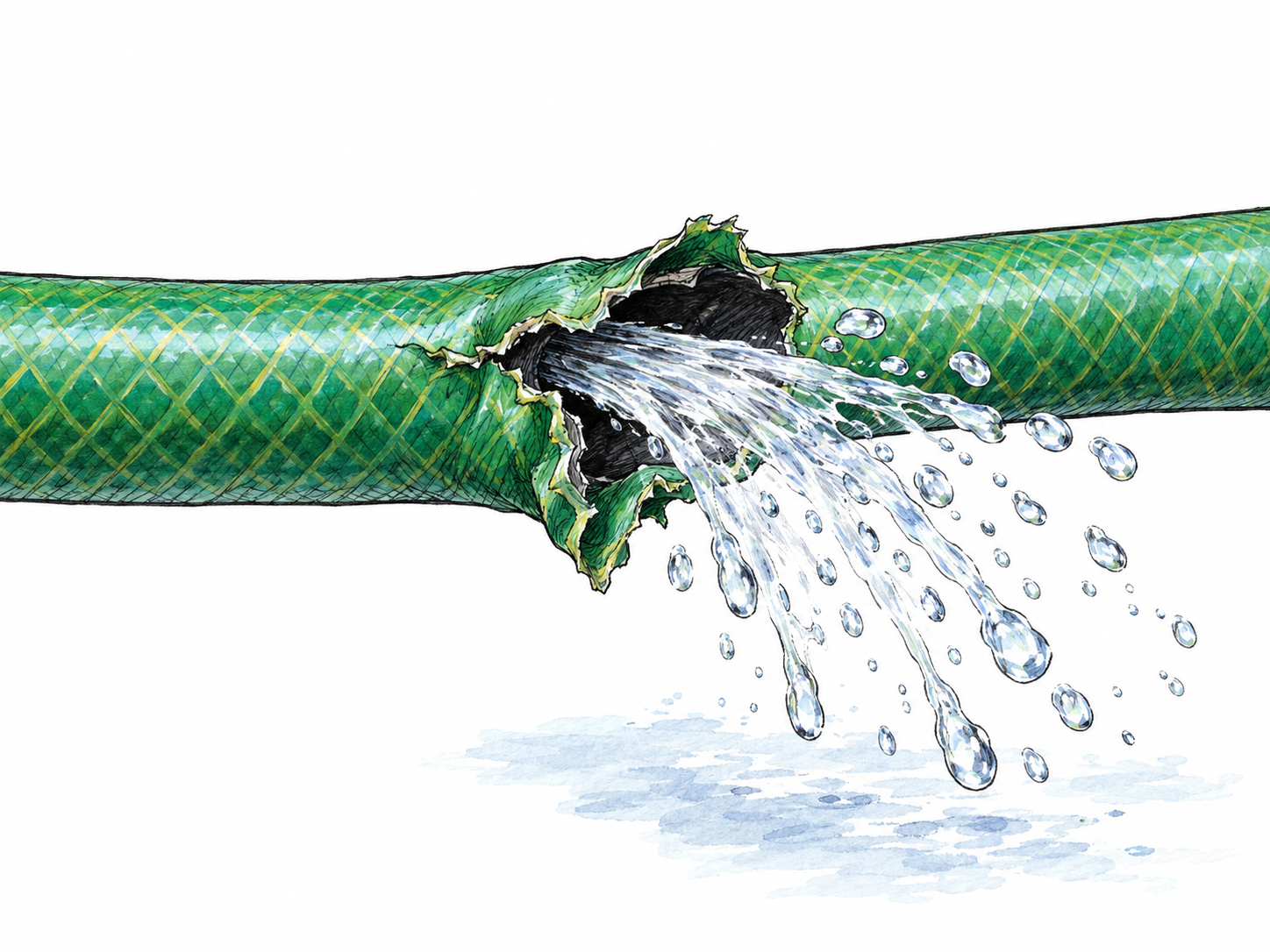 A pressurized rubber hose has burst open along its side, leaving a conspicuous jagged split with peeled-back edges and water forcefully spraying from the rupture.