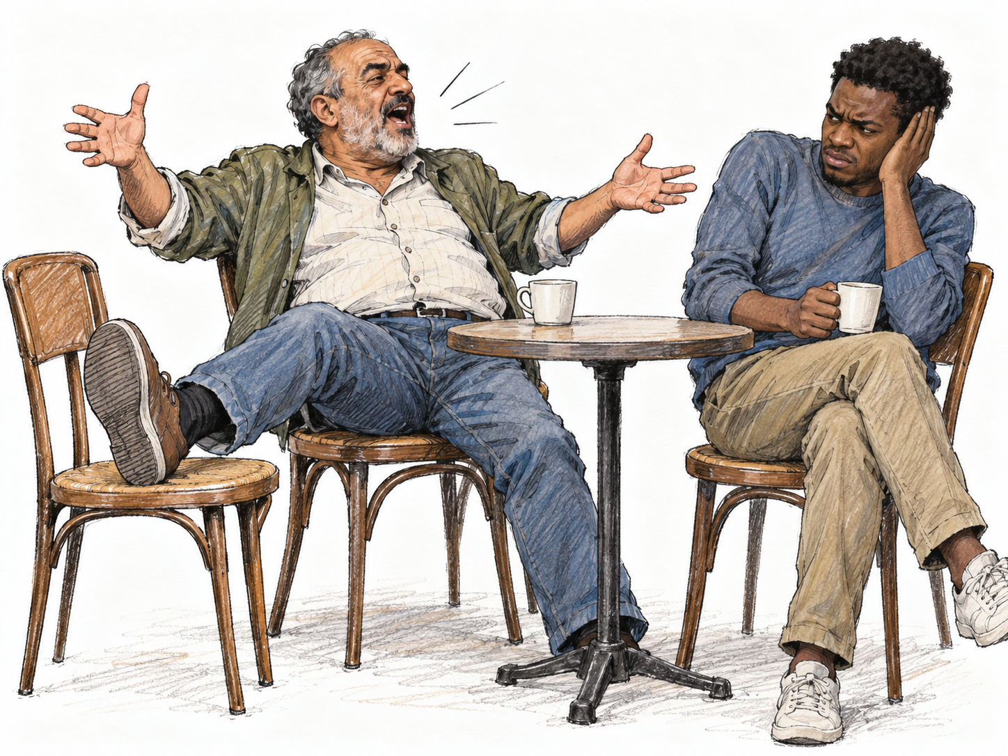 An older man behaves noisily and inconsiderately at a small café table, shouting with one shoe propped on an adjacent chair while a nearby customer recoils from the noise.