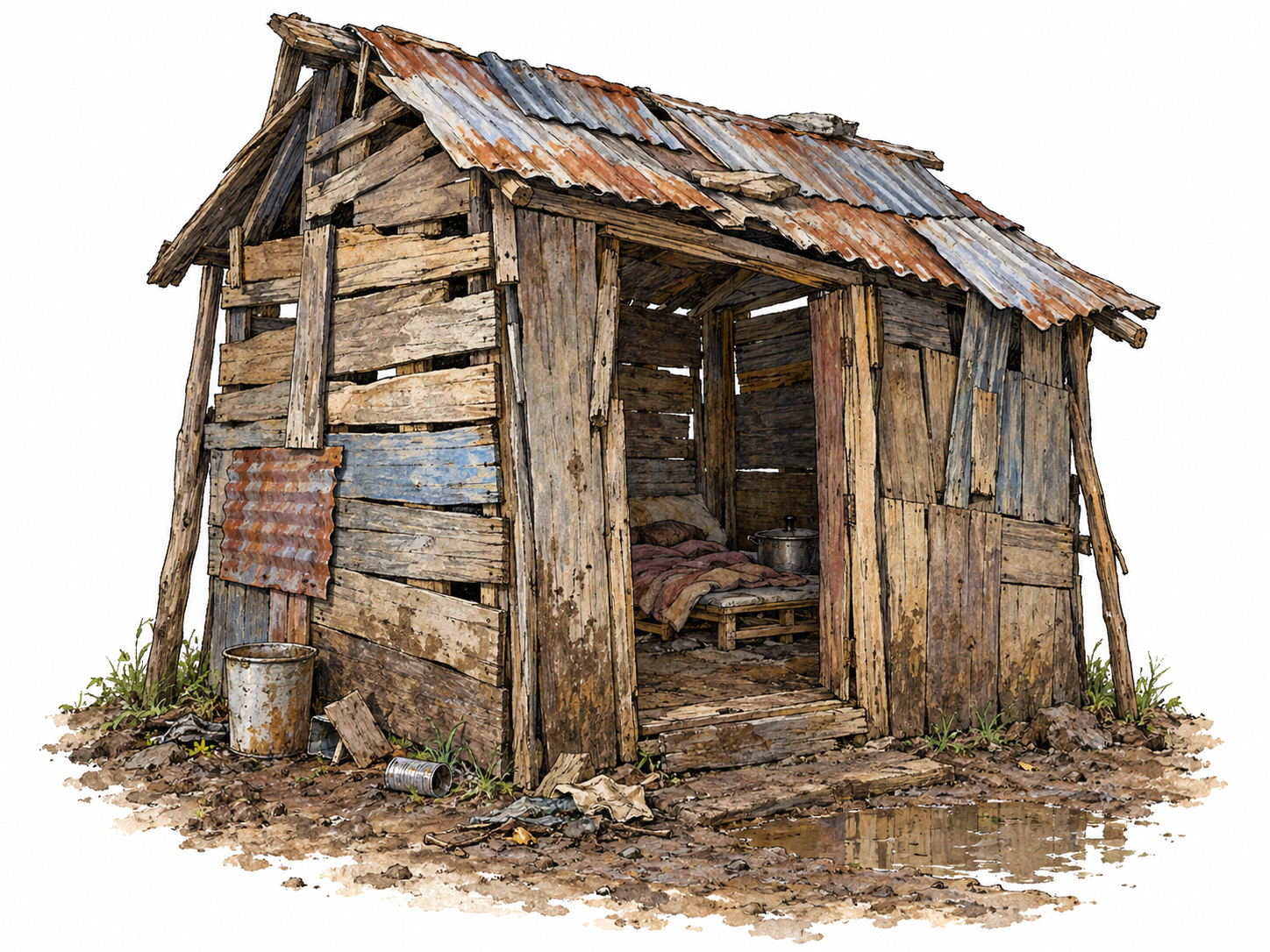 A tiny, visibly inhabited shack with crooked plank walls, a sagging patched roof, and a muddy, littered threshold.
