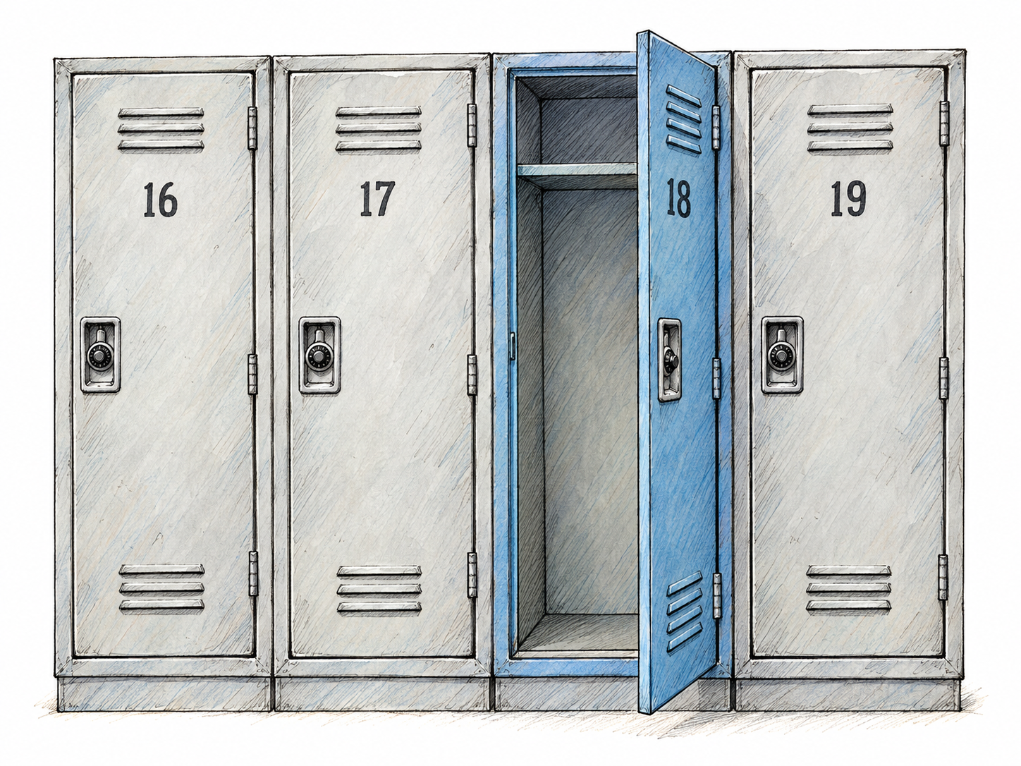 A short row of consecutively numbered lockers, with locker 18 open and emphasized directly after closed locker 17, making eighteenth position visible.