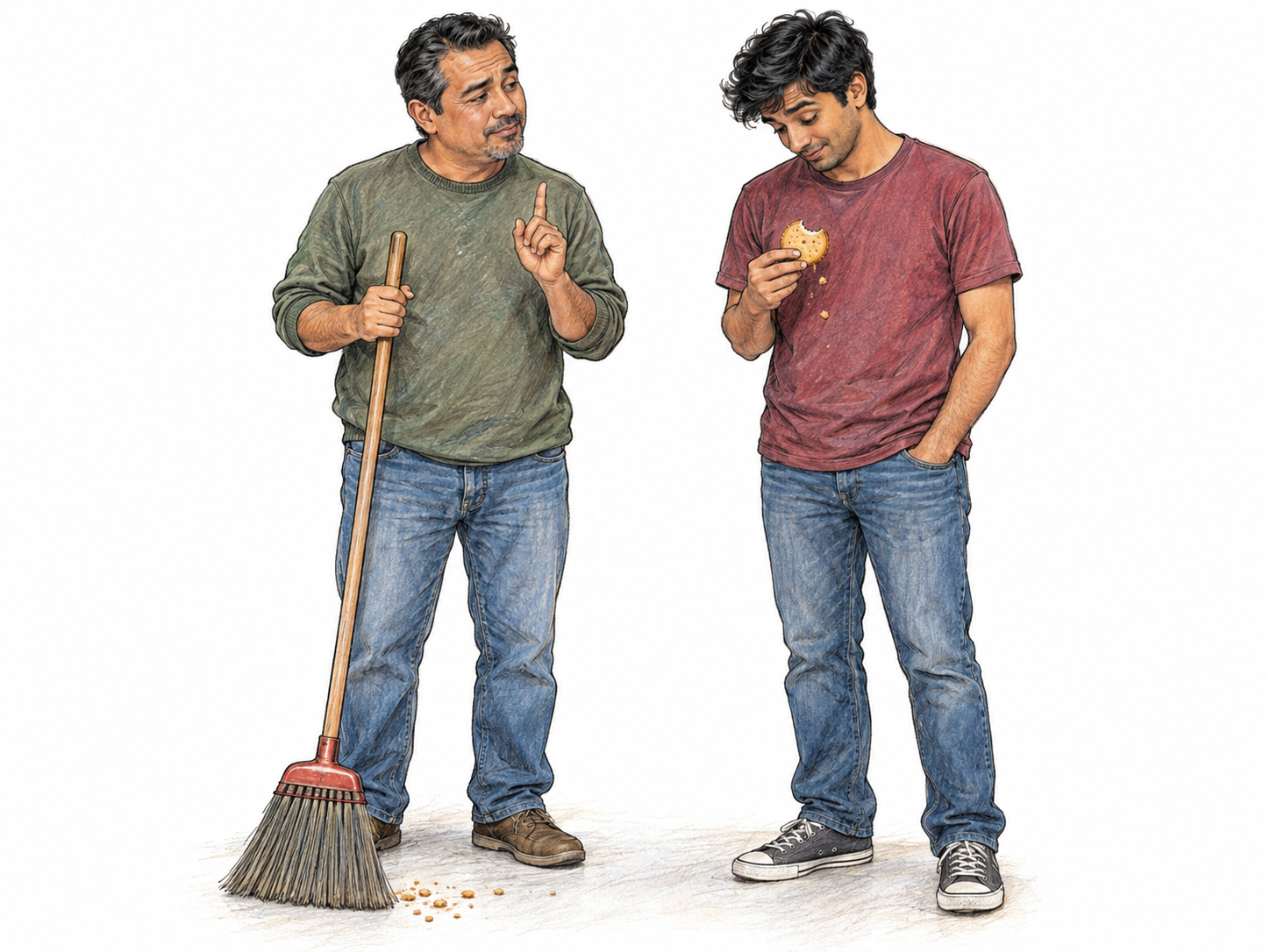 A small, immediately recognizable tutting reaction: a man notices a younger adult dropping biscuit crumbs onto a freshly swept floor and responds with a restrained tongue-click expression and a small admonishing finger gesture.
