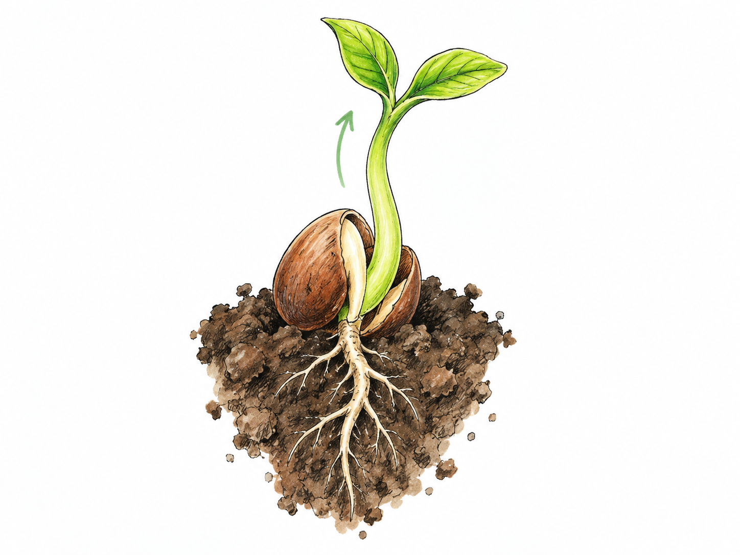 Seed in small soil clump visibly opens and sends a fresh green shoot upward with two tiny emerging leaves and fine root downward; new growth action illustrated with subtle curved upward growth stroke, white background.
