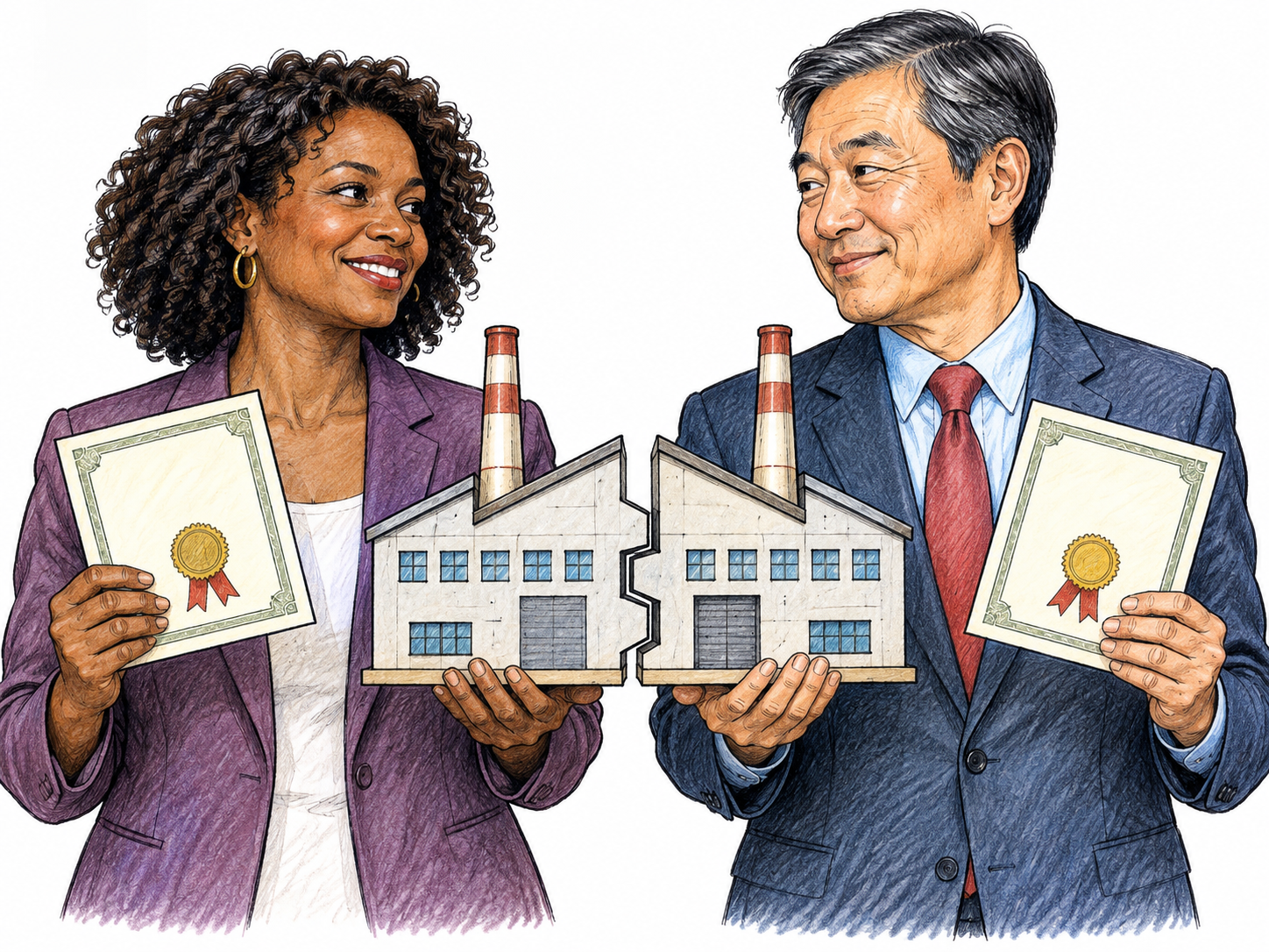 Two co-owners hold matching pieces of a small factory-shaped ownership model that fits together, each owning a visible portion; include a small unlettered share certificate with abstract seal held by each, not money trading.