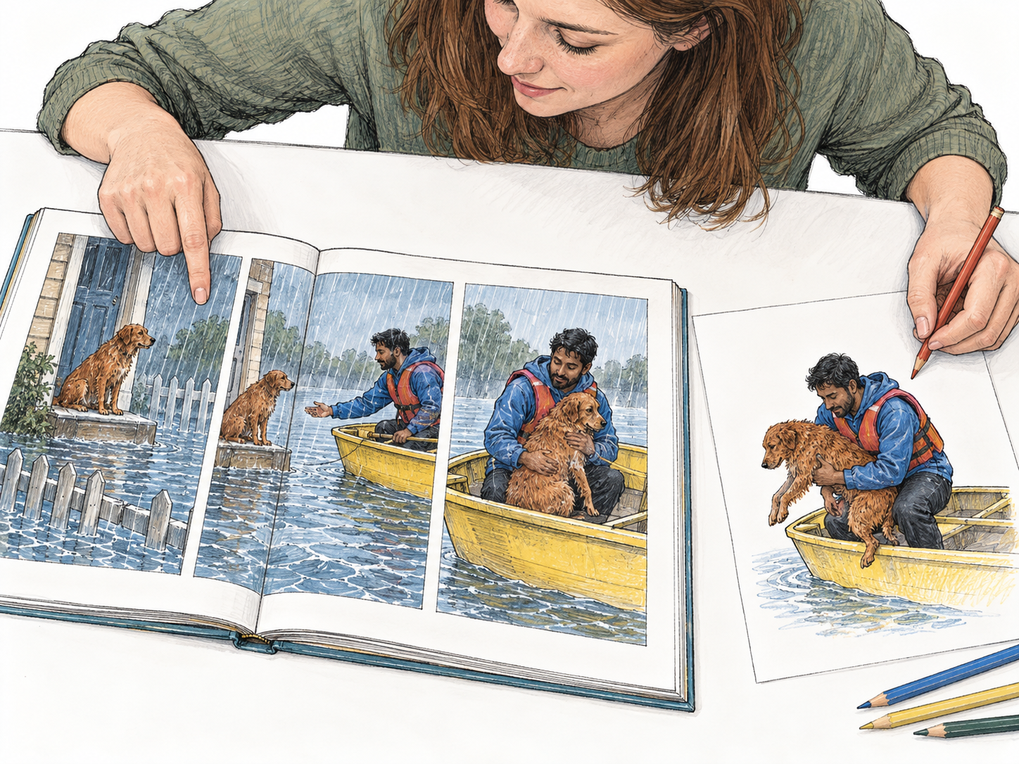 The gist of a detailed rescue story expressed as one compact picture: a person bringing a stranded dog to safety, with the story's incidental details omitted.