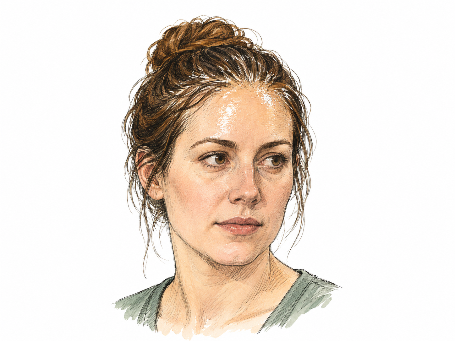 Non-graphic head-and-shoulders portrait showing excess oily sheen around scalp/hairline and forehead, hair roots slightly clumped; simplified drawn skin, no pores or inflammatory rash claimed.