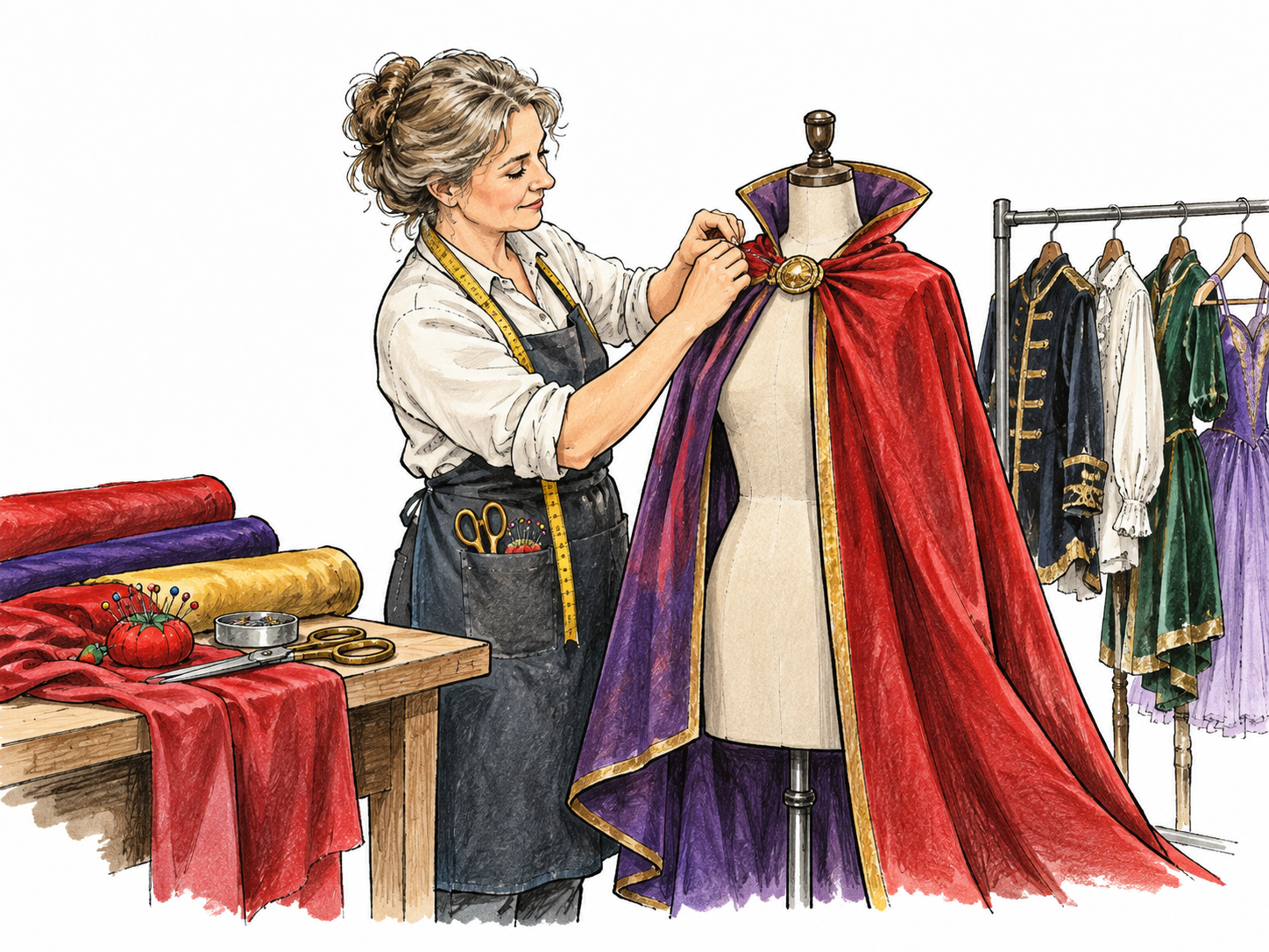 A costume maker pins a colorful theatrical cape on a mannequin beside fabric, scissors and a stage costume rack.