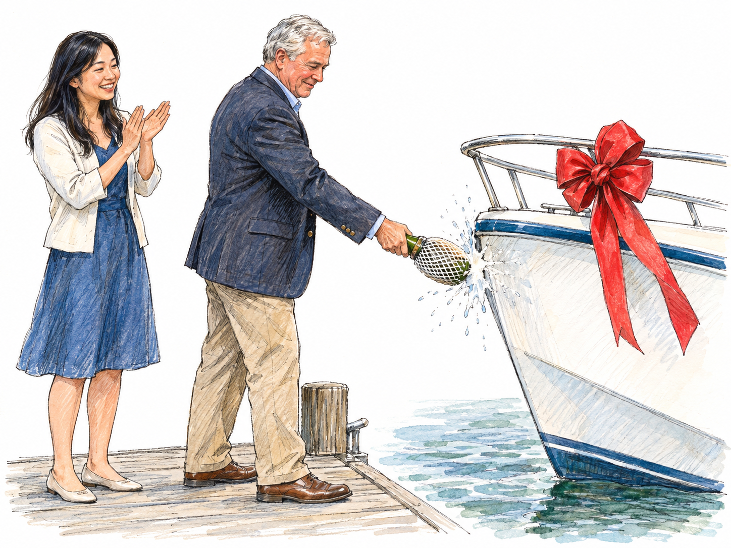 At a small boat-christening ceremony, an older man breaks a ceremonial bottle against the boat’s bow while a young woman beside him applauds.