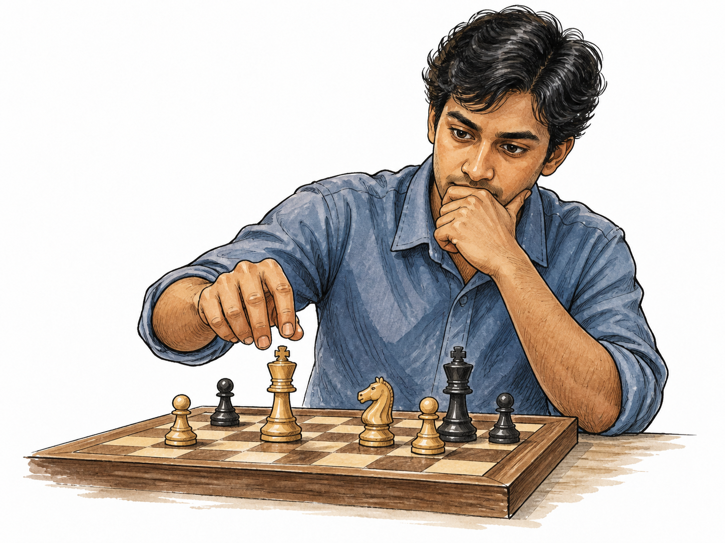 A South Asian chess player instantly notices a decisive move on a simple board, thoughtful face and hovering hand.