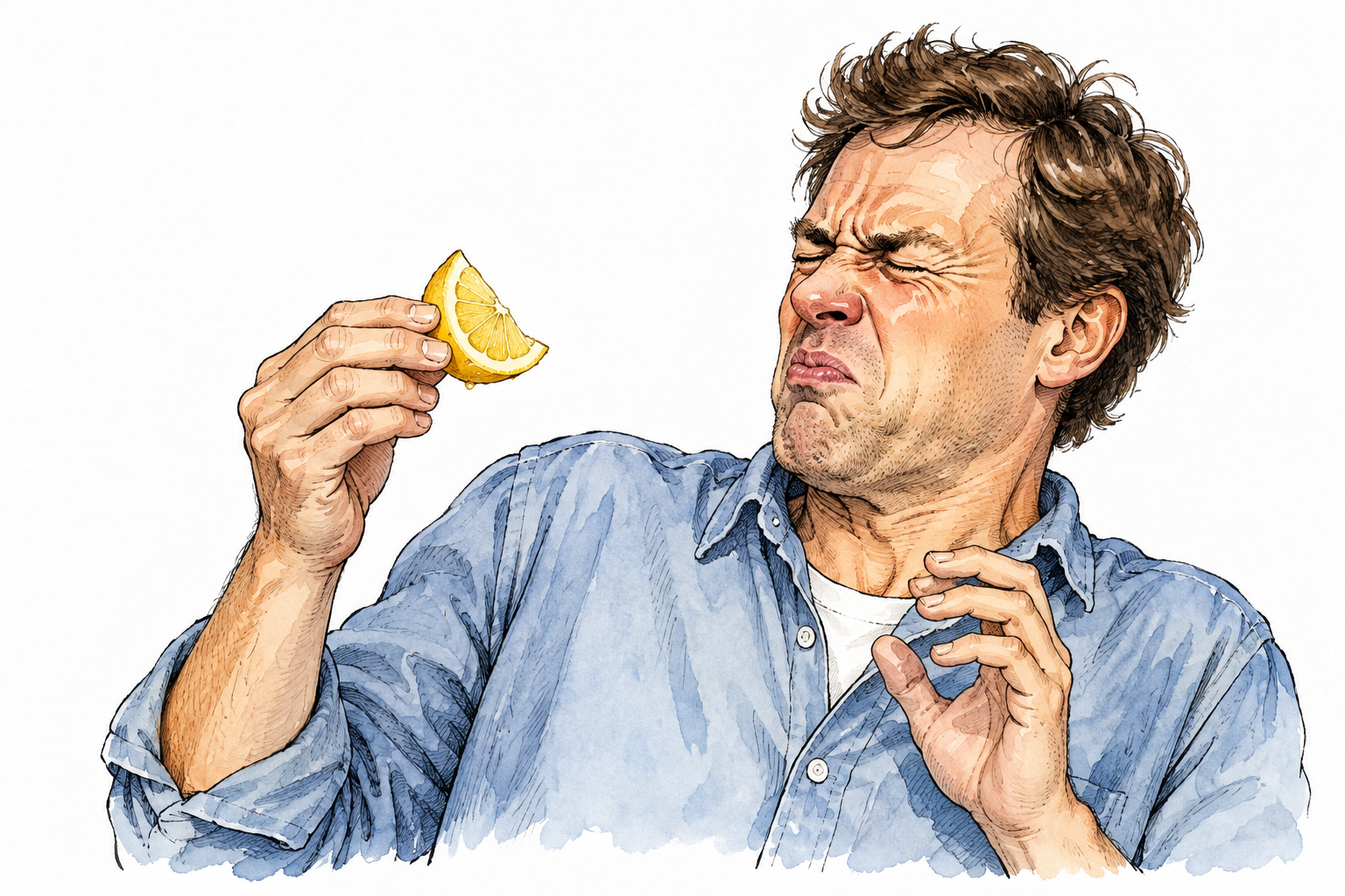 Adult tastes lemon slice and puckers at sharply sour taste, no words.