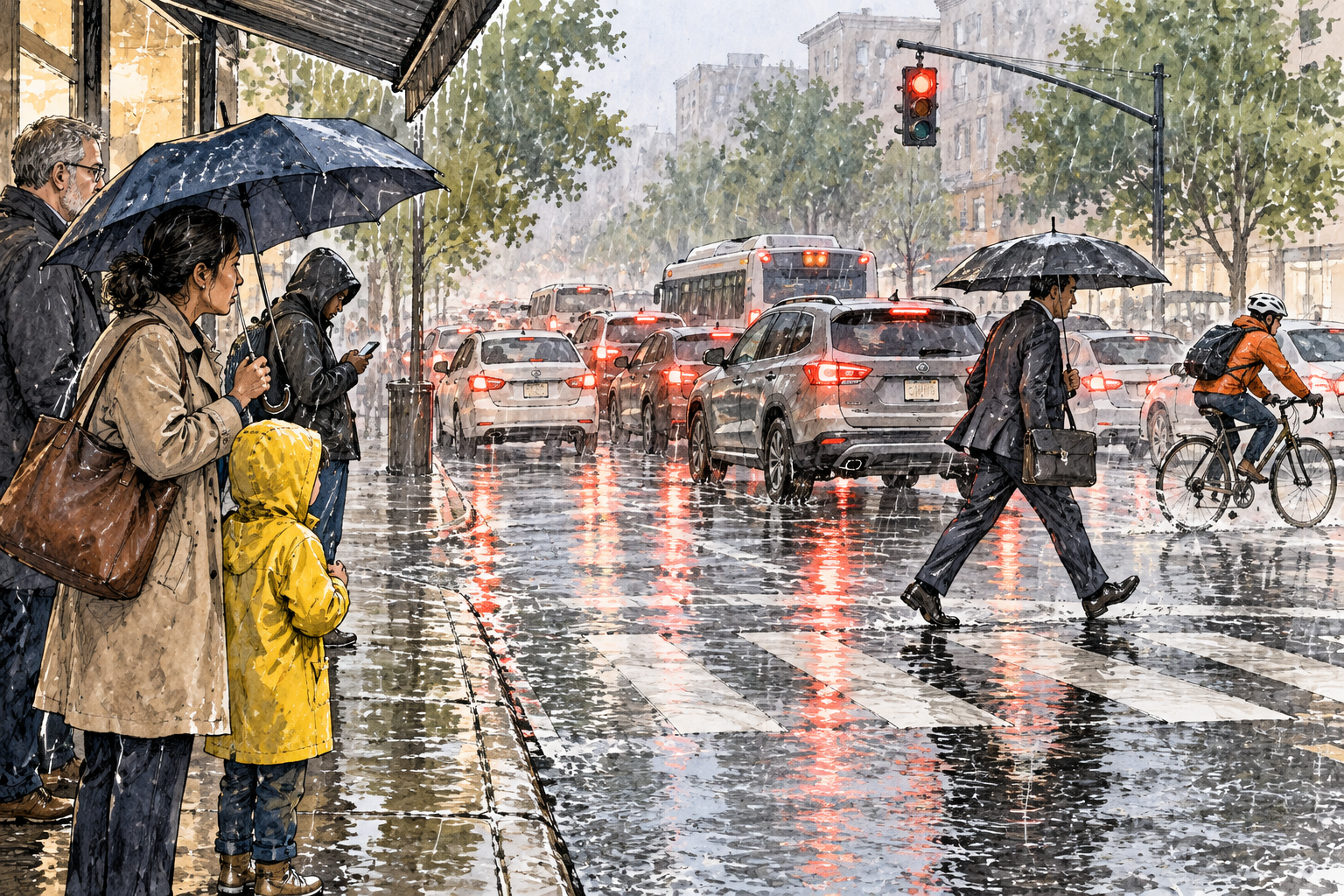 An ordinary street intersection during heavy rain and a traffic delay, people responding to the shared circumstances, no readable signs.