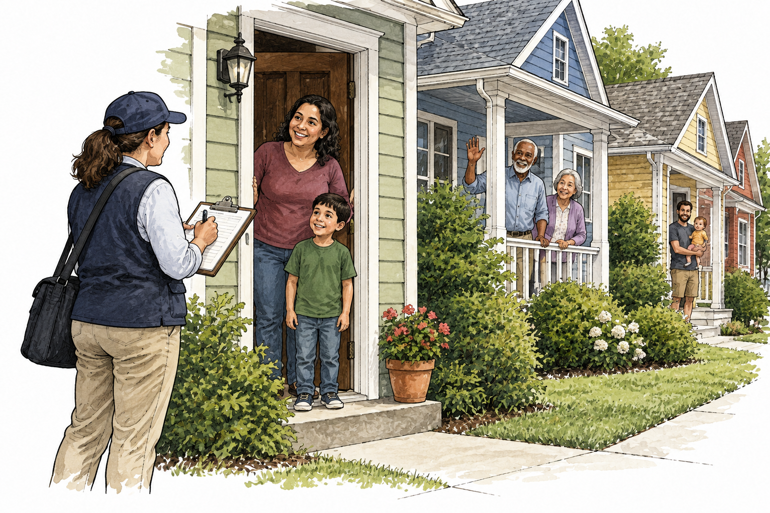 Census worker counts households using clipboard at a row of homes with varied-age residents visible.
