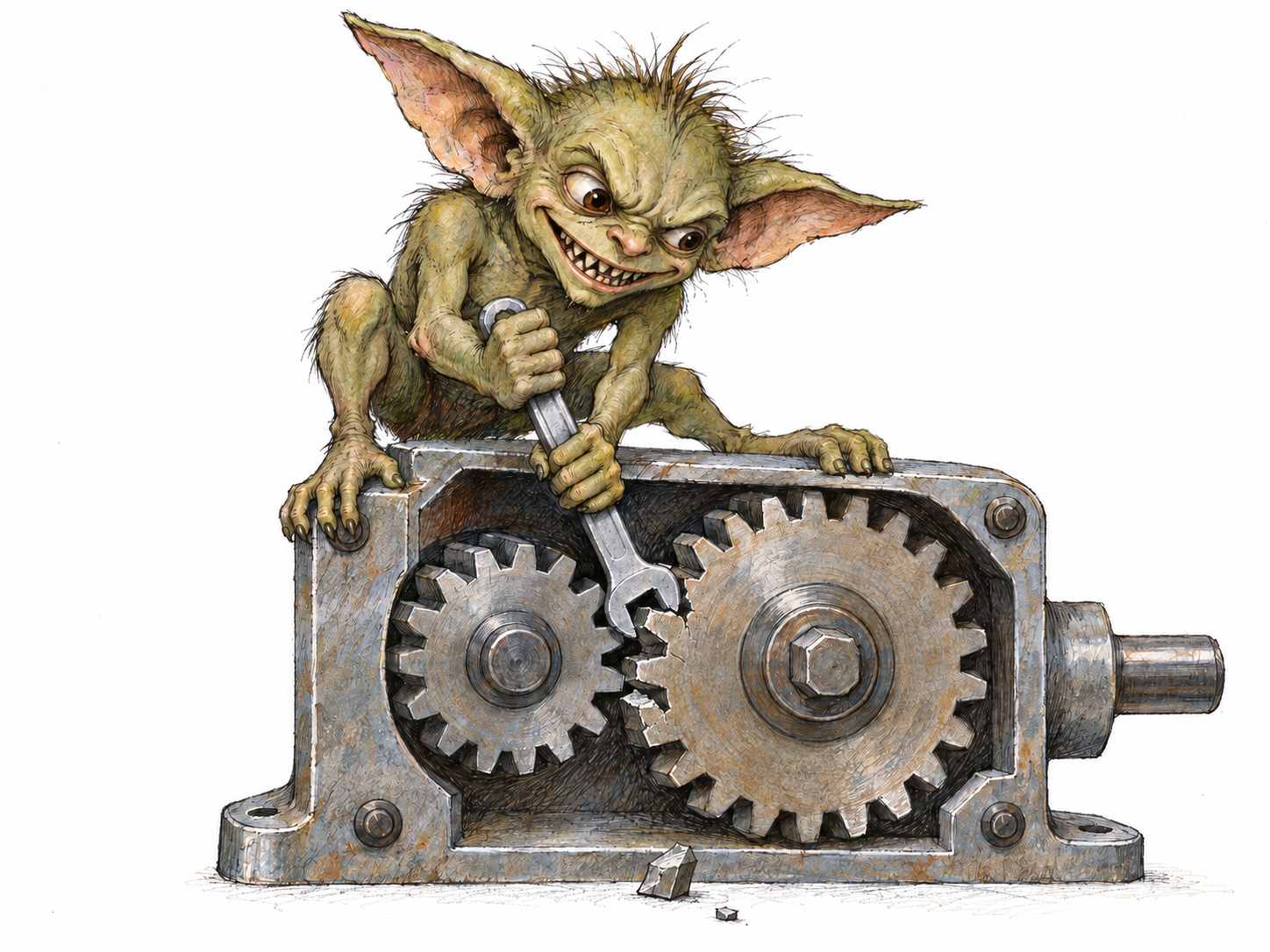 A tiny, impish imaginary creature mischievously jams a wrench between the gears of an open mechanical device, visibly causing the mechanism to fail.