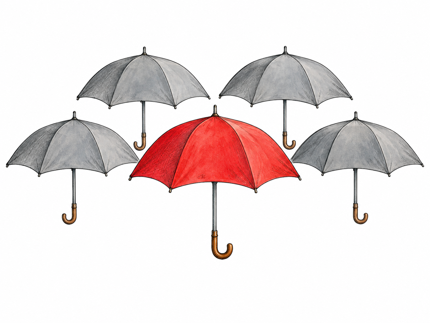 One red umbrella among four identical gray umbrellas, matching form but single unmistakable color difference; isolated arrangement on white, no people or rain scene.