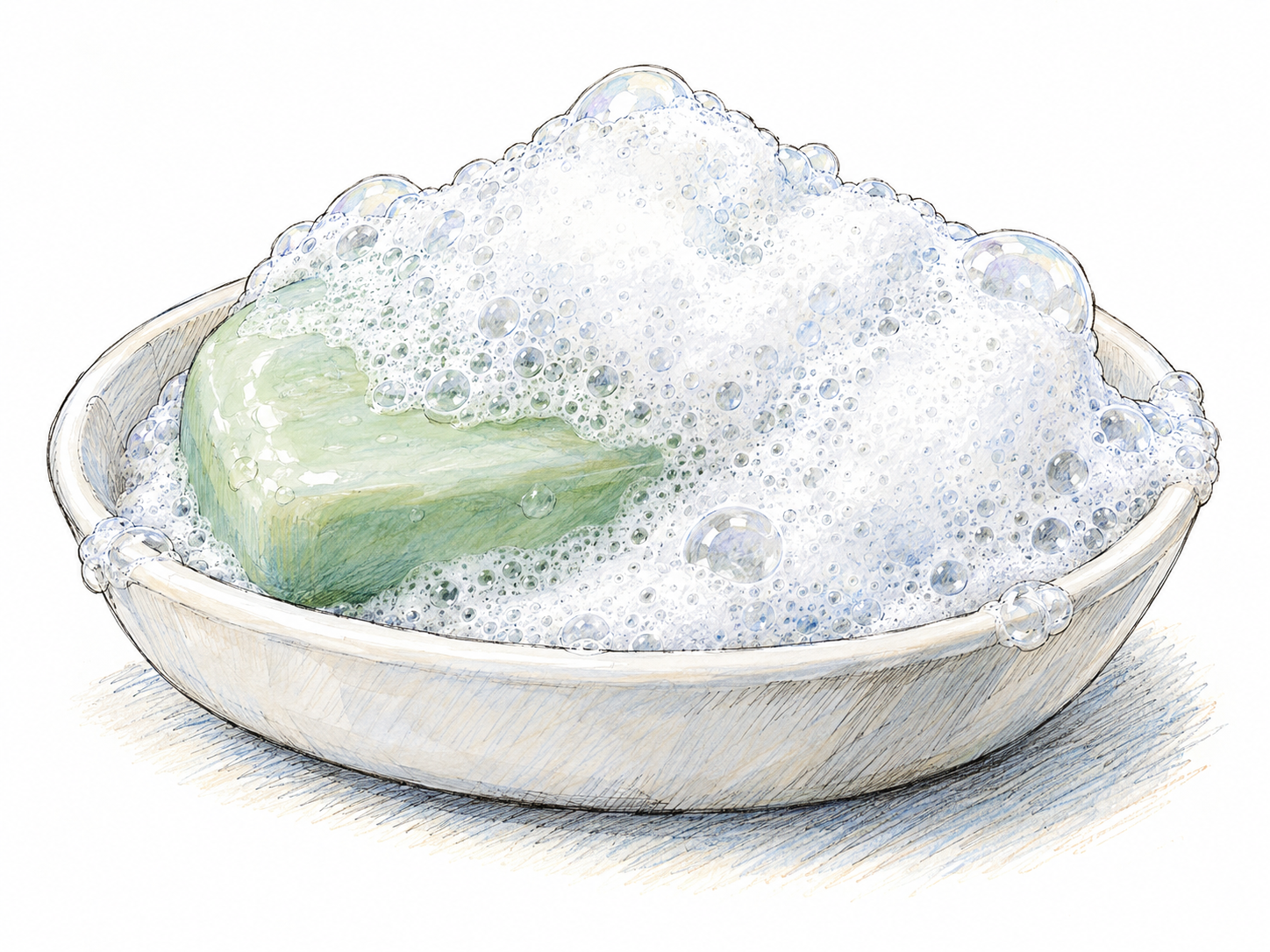 A wet bar of soap in a shallow soap dish, surrounded and partly covered by a substantial mound of fine soap bubbles.
