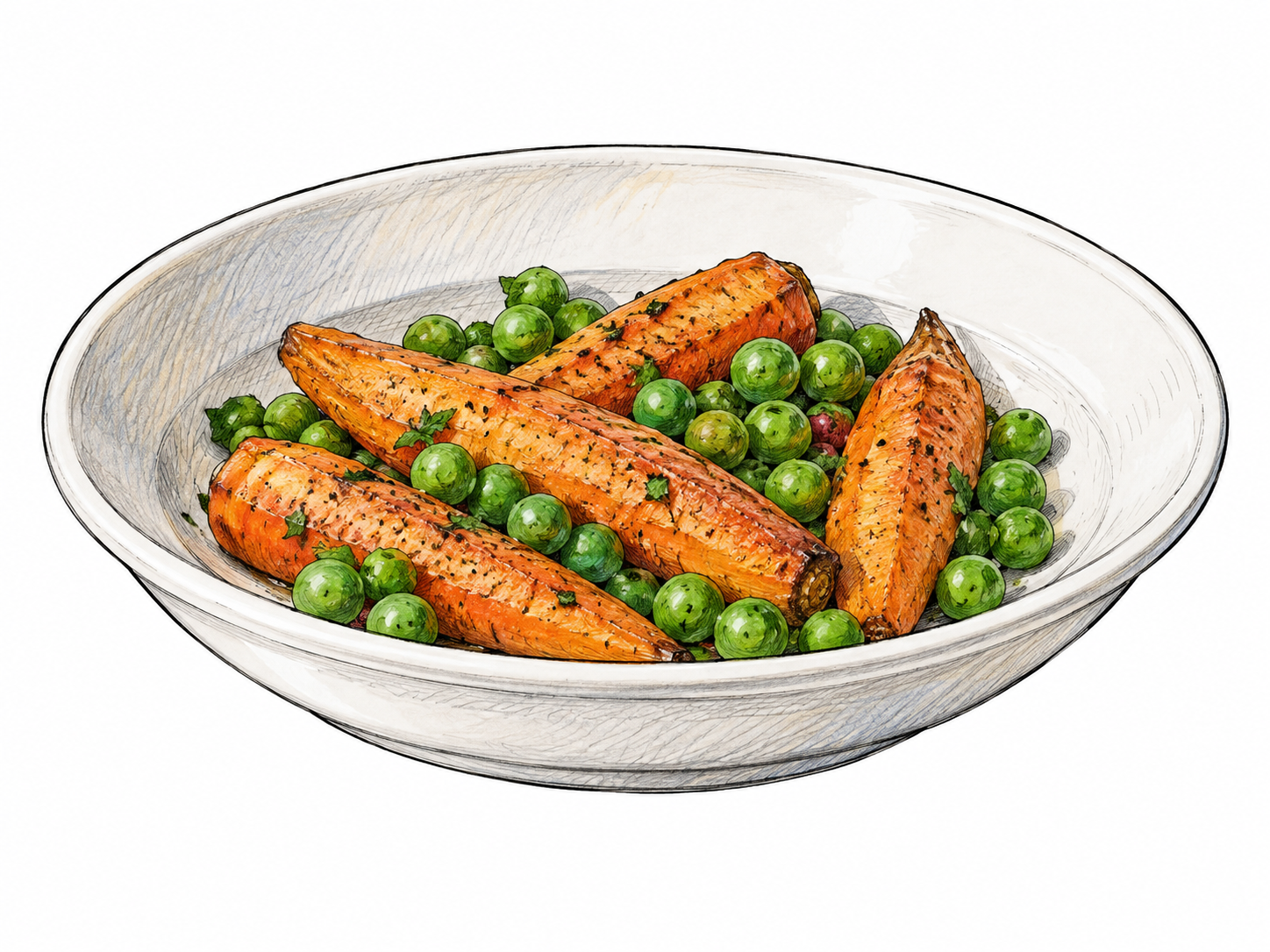Shallow white ceramic serving dish containing a few roasted carrots and green peas; rim and concave depth clearly visible, isolated white.