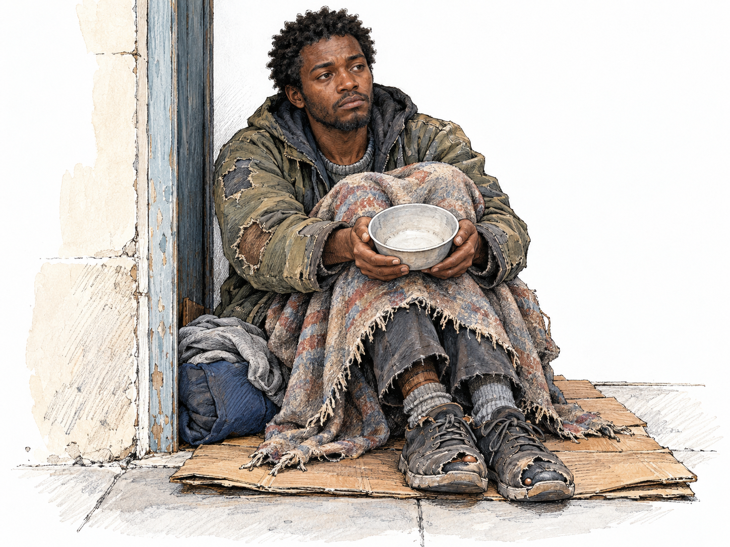 A young man sheltering in a bare doorway with an empty food bowl, worn-through shoes, and only a thin, frayed blanket over cardboard bedding.