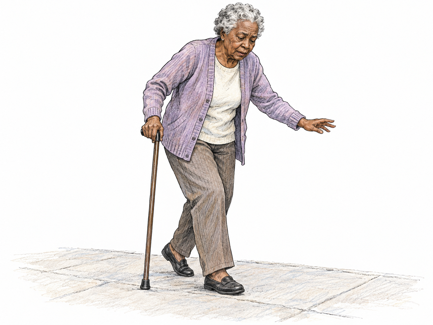 An elderly woman takes a small, visibly unsteady step with a cane, her bent knees, wavering posture and outstretched balancing hand communicating frail movement on a clear, level path.