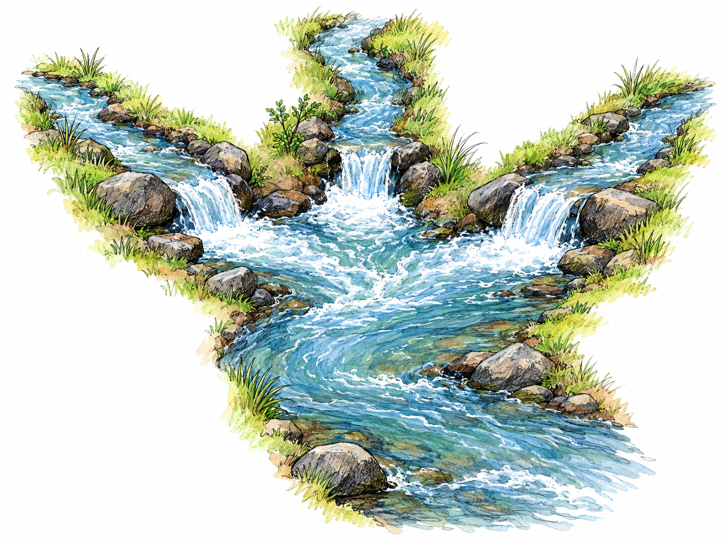 Three small streams descend from different directions and visibly join at one junction, continuing as a single wider stream.