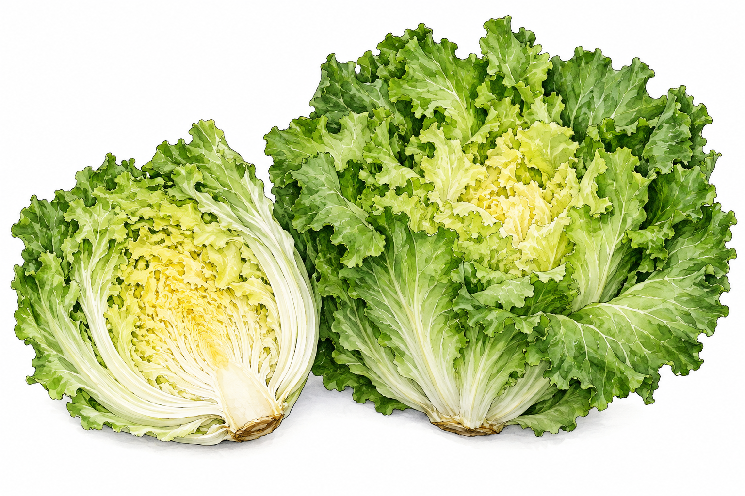 Fresh escarole head broad pale green ruffled leaves with creamy center, cut section beside whole.