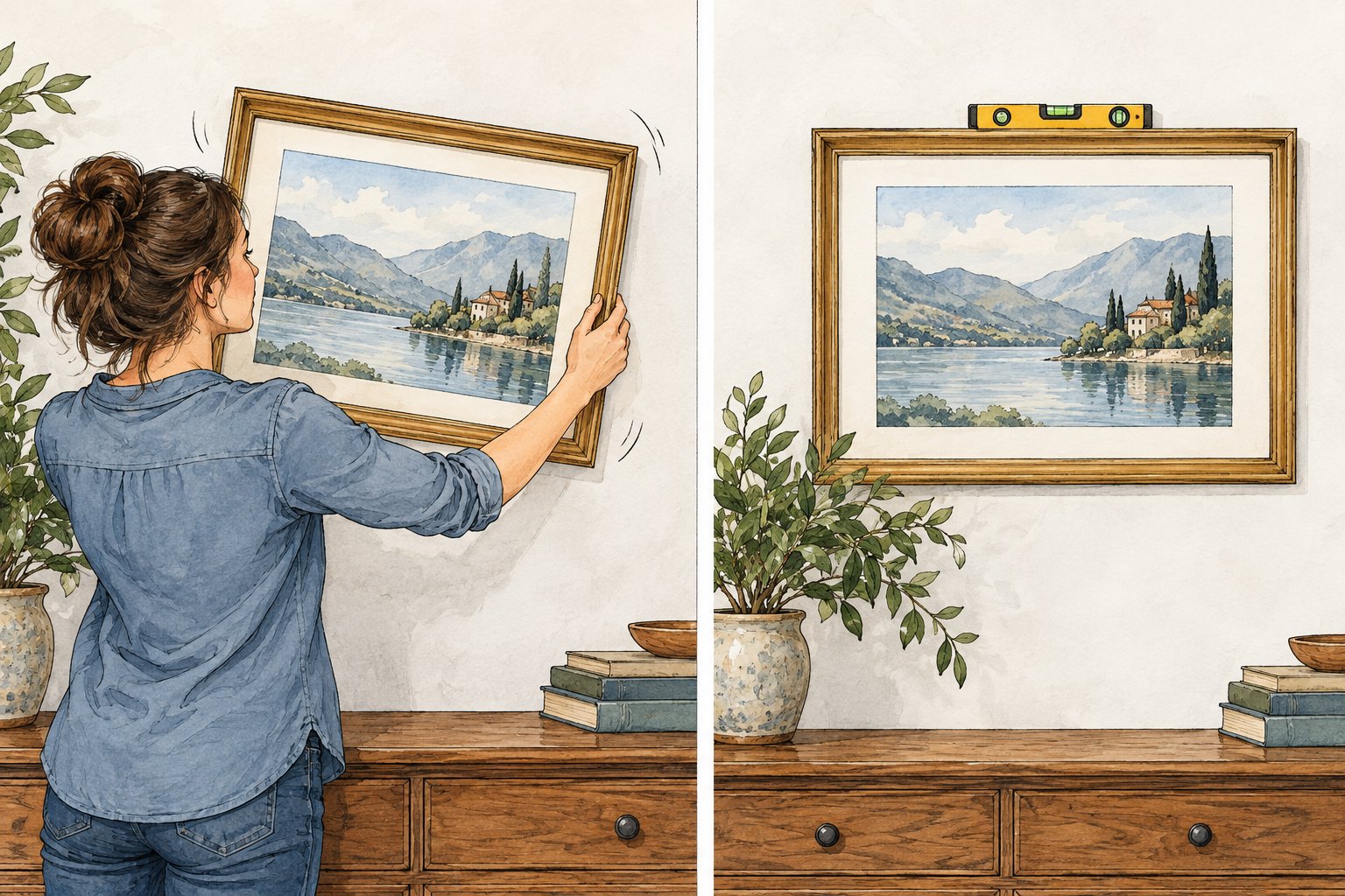 Crooked picture frame shown before and after careful adjustment, final frame level with small spirit level, correction clear.