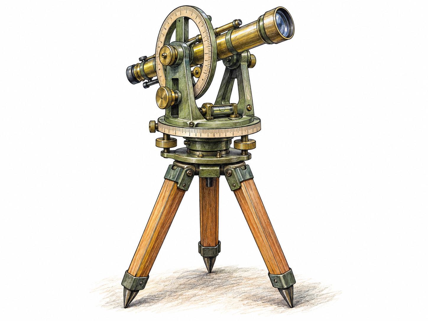 An isolated optical theodolite mounted on a survey tripod, with its horizontal graduated circle and upright vertical graduated circle clearly visible around the pivoting sighting telescope.