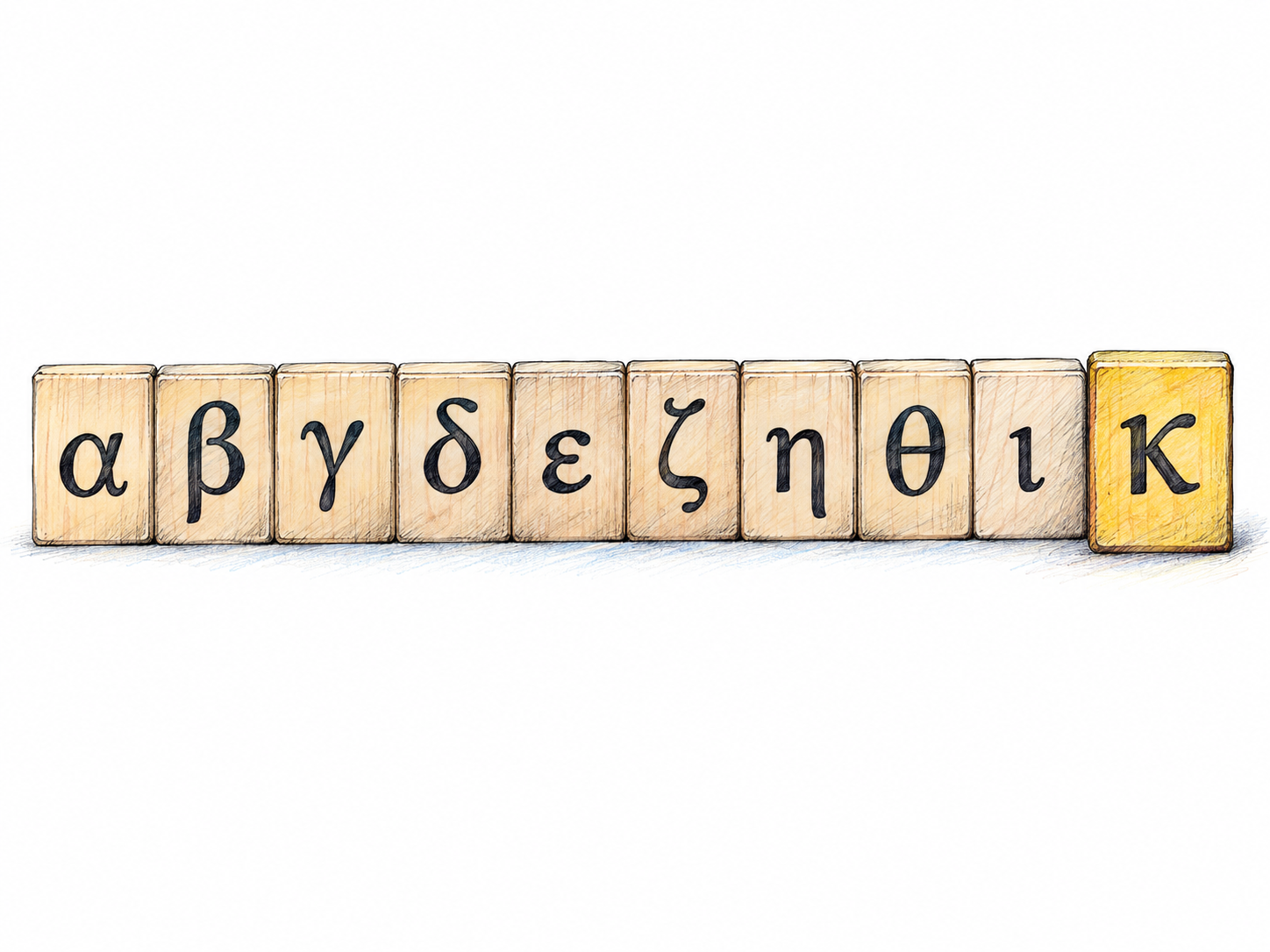 A physical Greek-alphabet learning strip presents the first ten lowercase letters in order, with the tenth tile, κ, pulled slightly forward and distinctly highlighted.