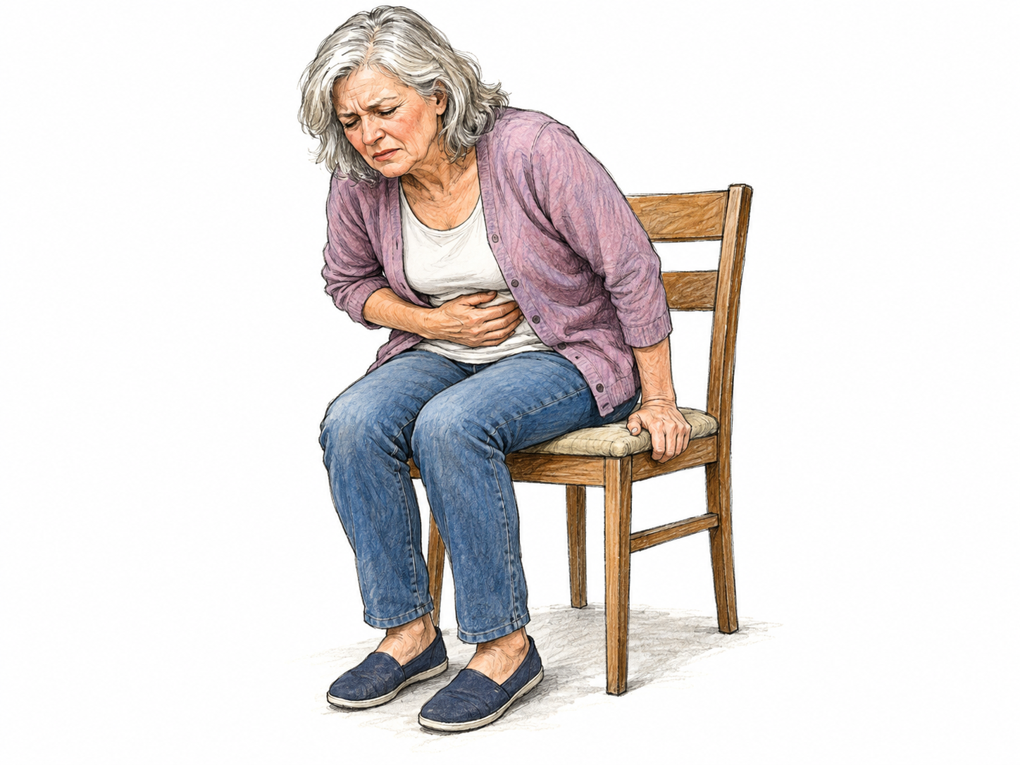 An older woman sits hunched on the edge of a chair, pressing a hand against her abdomen and visibly grimacing with discomfort.