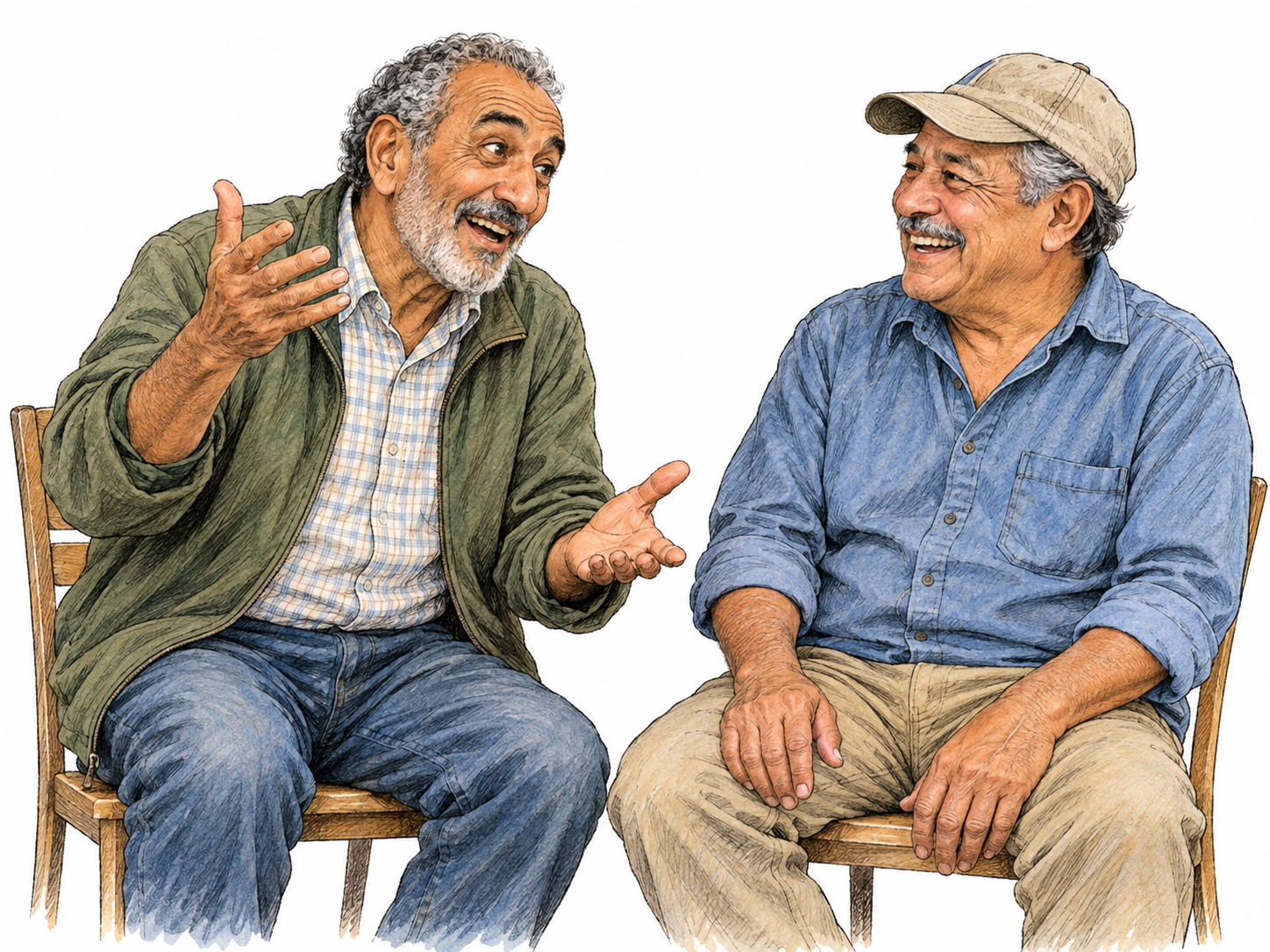 An exuberant older man enlivens a conversation with a sparkling smile, animated hands, and an energetic forward lean, while his seated friend laughs warmly.