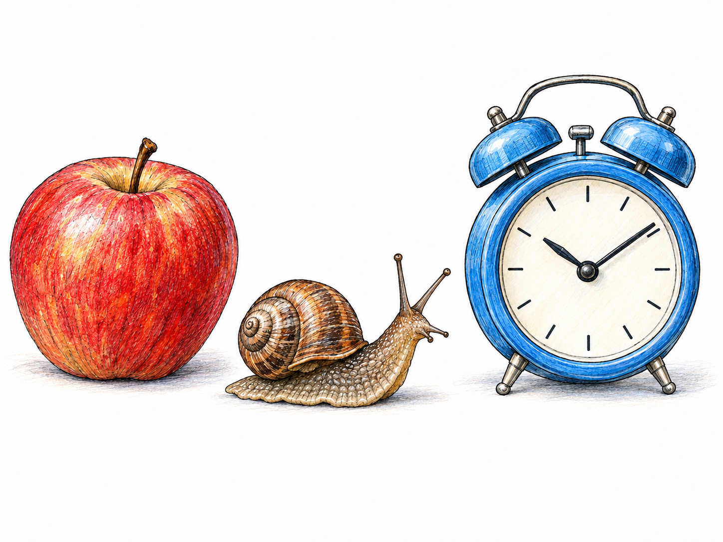 Three visibly distinct entities—a whole apple, a living snail, and an assembled mechanical alarm clock—shown separately in one compact comparison.