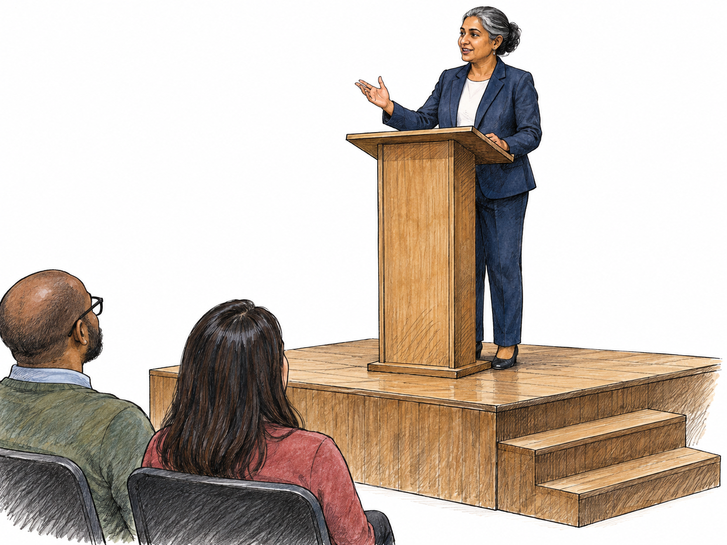 Speaker stands on unmistakably raised wooden platform with two visible steps and simple lectern; seated listeners lower at floor level, white surrounding space.
