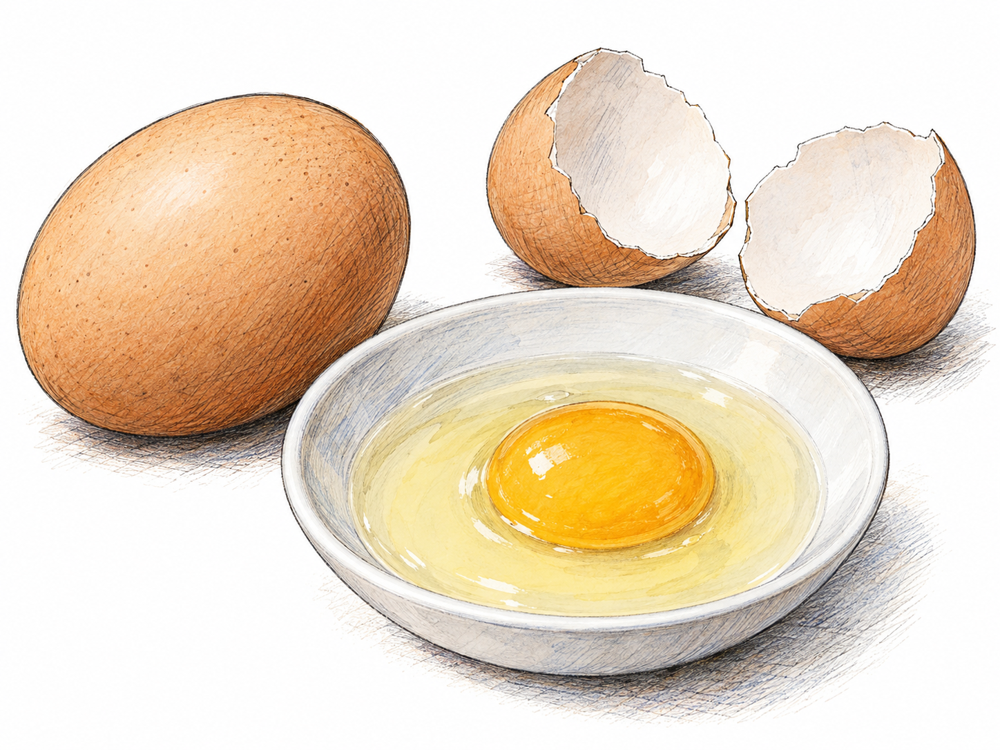 A whole hen’s egg beside a freshly cracked egg, with its golden yolk and translucent white visible in a shallow plain dish.